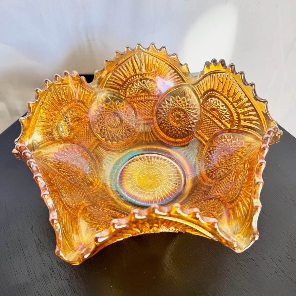 Vintage Marigold Carnival Glass Bowl - Dolphin & Flamingo