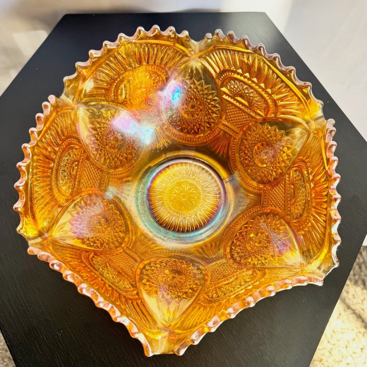 Vintage Marigold Carnival Glass Bowl - Dolphin & Flamingo