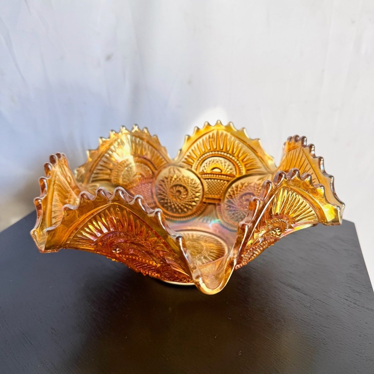 Vintage Marigold Carnival Glass Bowl - Dolphin & Flamingo