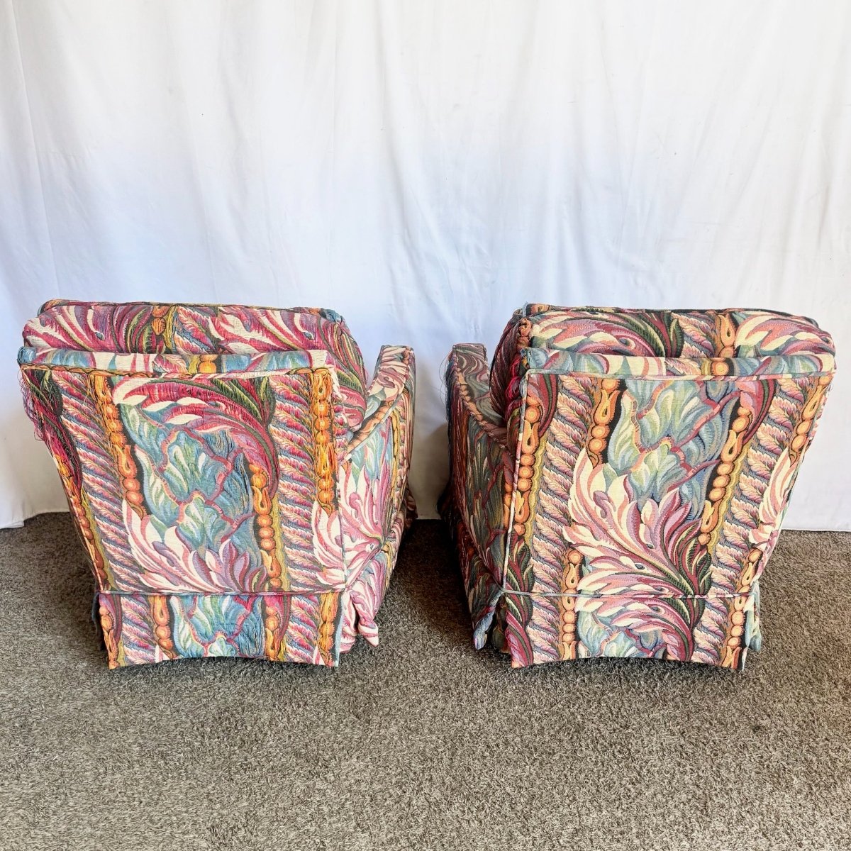 Vintage Needlepoint Swivel Rocking Lounge Chairs - A Pair - Dolphin & Flamingo