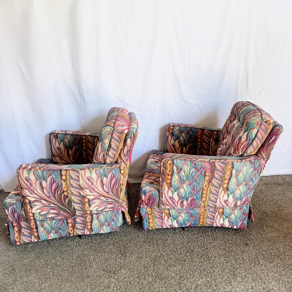 Vintage Needlepoint Swivel Rocking Lounge Chairs - A Pair - Dolphin & Flamingo