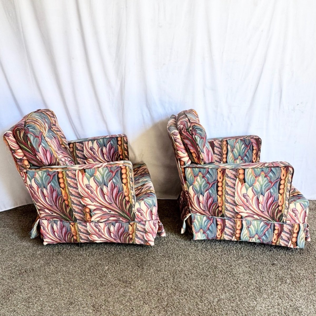 Vintage Needlepoint Swivel Rocking Lounge Chairs - A Pair - Dolphin & Flamingo