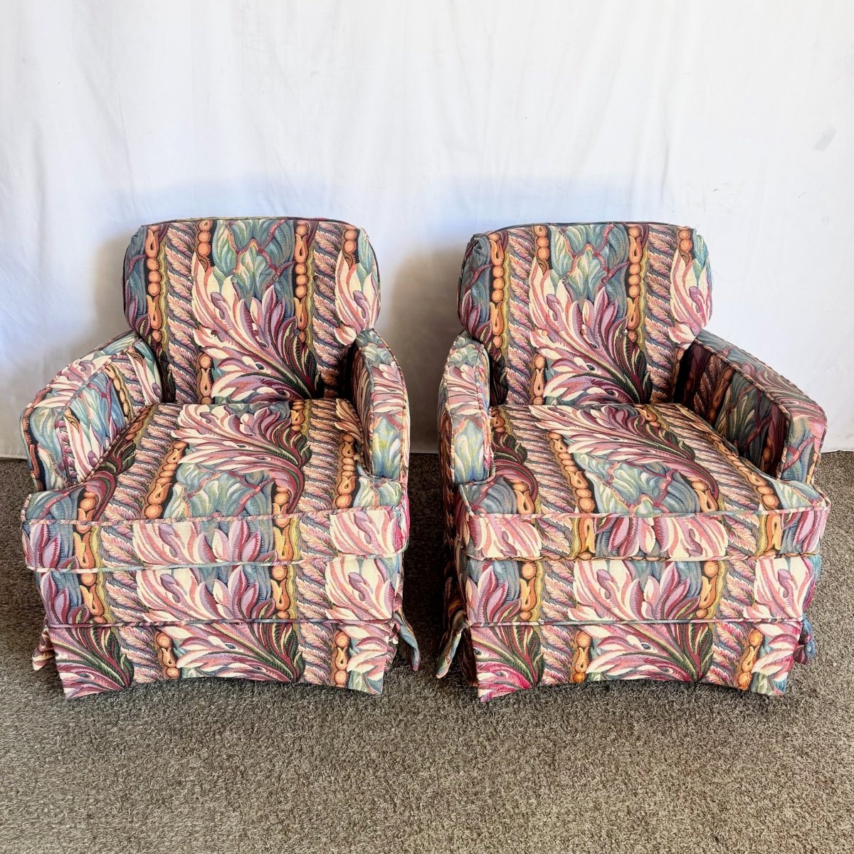 Vintage Needlepoint Swivel Rocking Lounge Chairs - A Pair - Dolphin & Flamingo