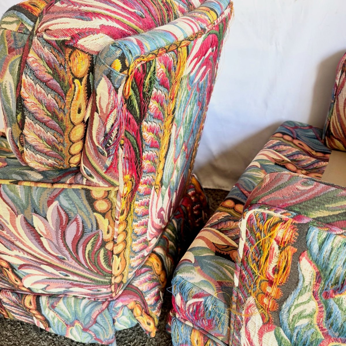 Vintage Needlepoint Swivel Rocking Lounge Chairs - A Pair - Dolphin & Flamingo
