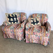 Vintage Needlepoint Swivel Rocking Lounge Chairs - A Pair - Dolphin & Flamingo