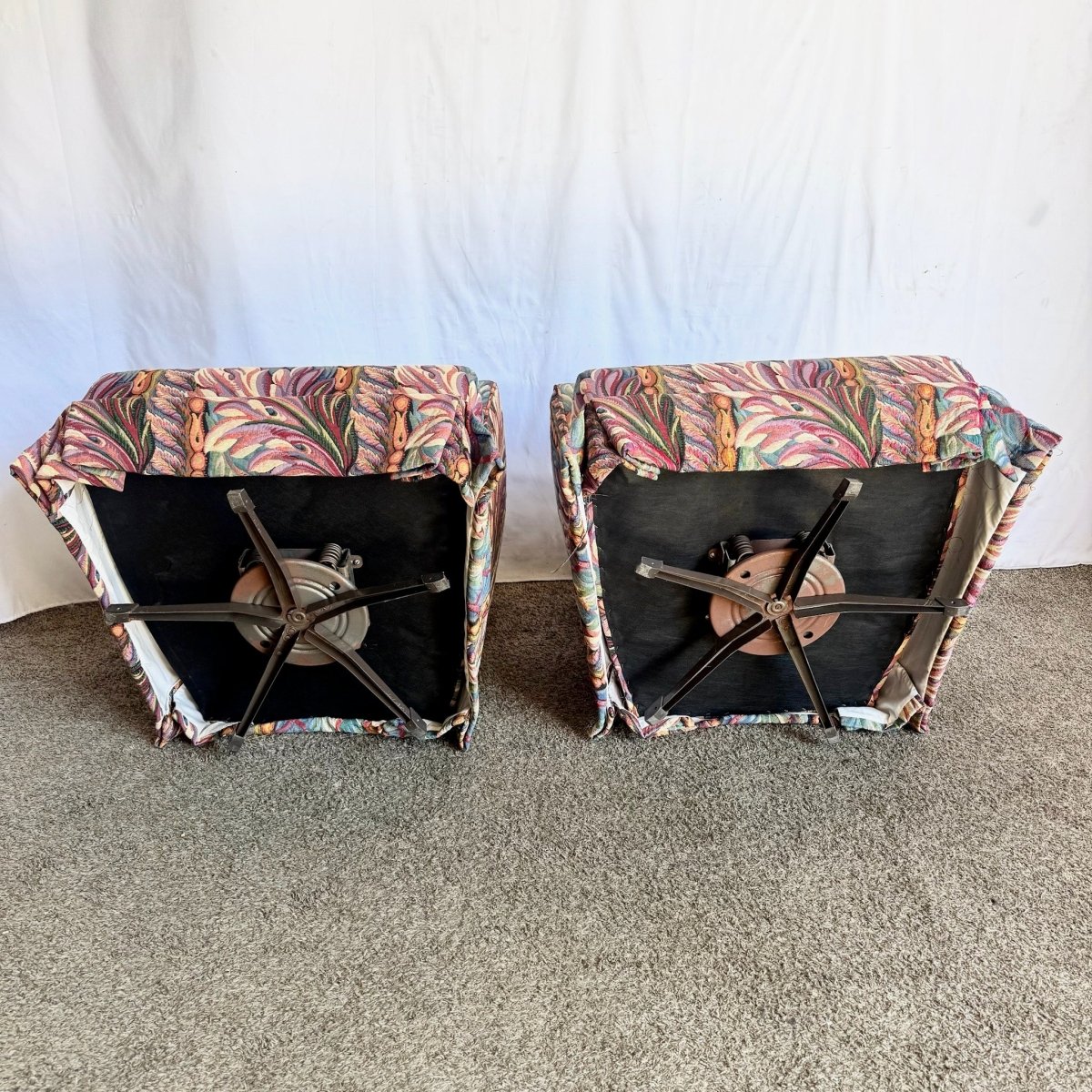 Vintage Needlepoint Swivel Rocking Lounge Chairs - A Pair - Dolphin & Flamingo