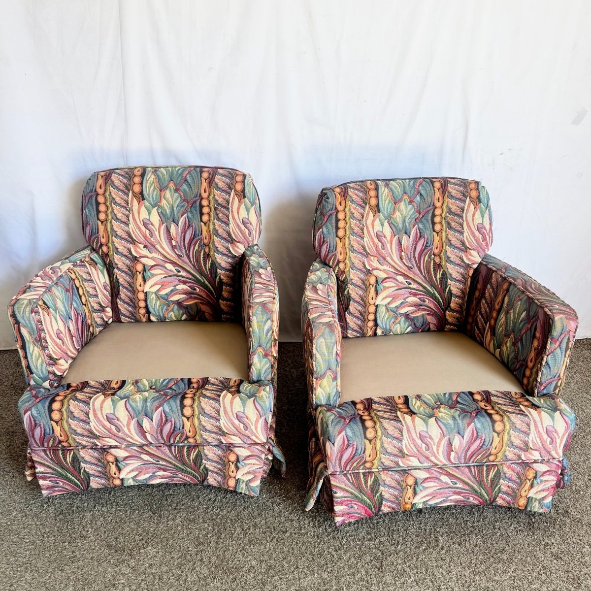 Vintage Needlepoint Swivel Rocking Lounge Chairs - A Pair - Dolphin & Flamingo
