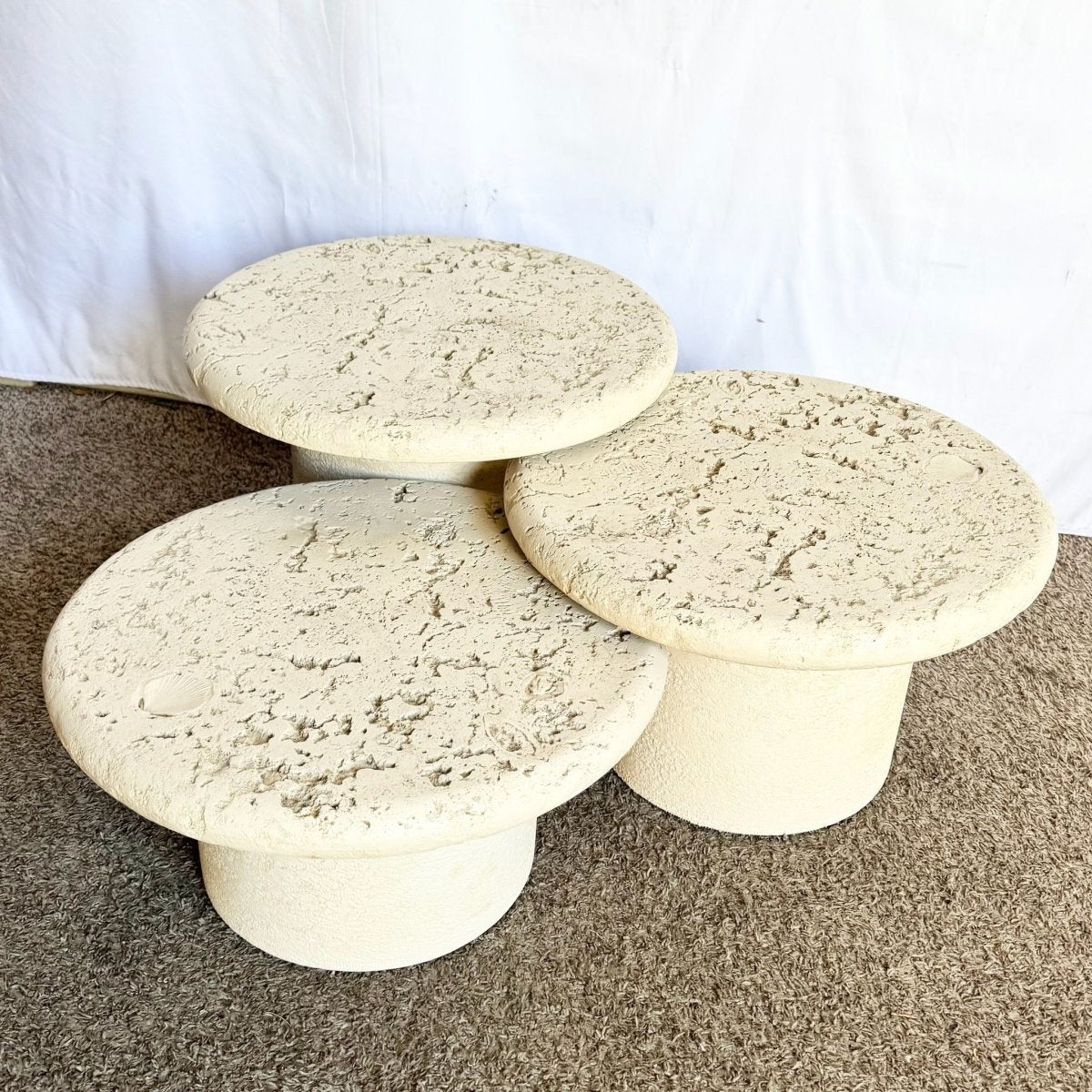 Vintage Postmodern Faux Coquina Nesting Tables - Set of 3 - Dolphin & Flamingo