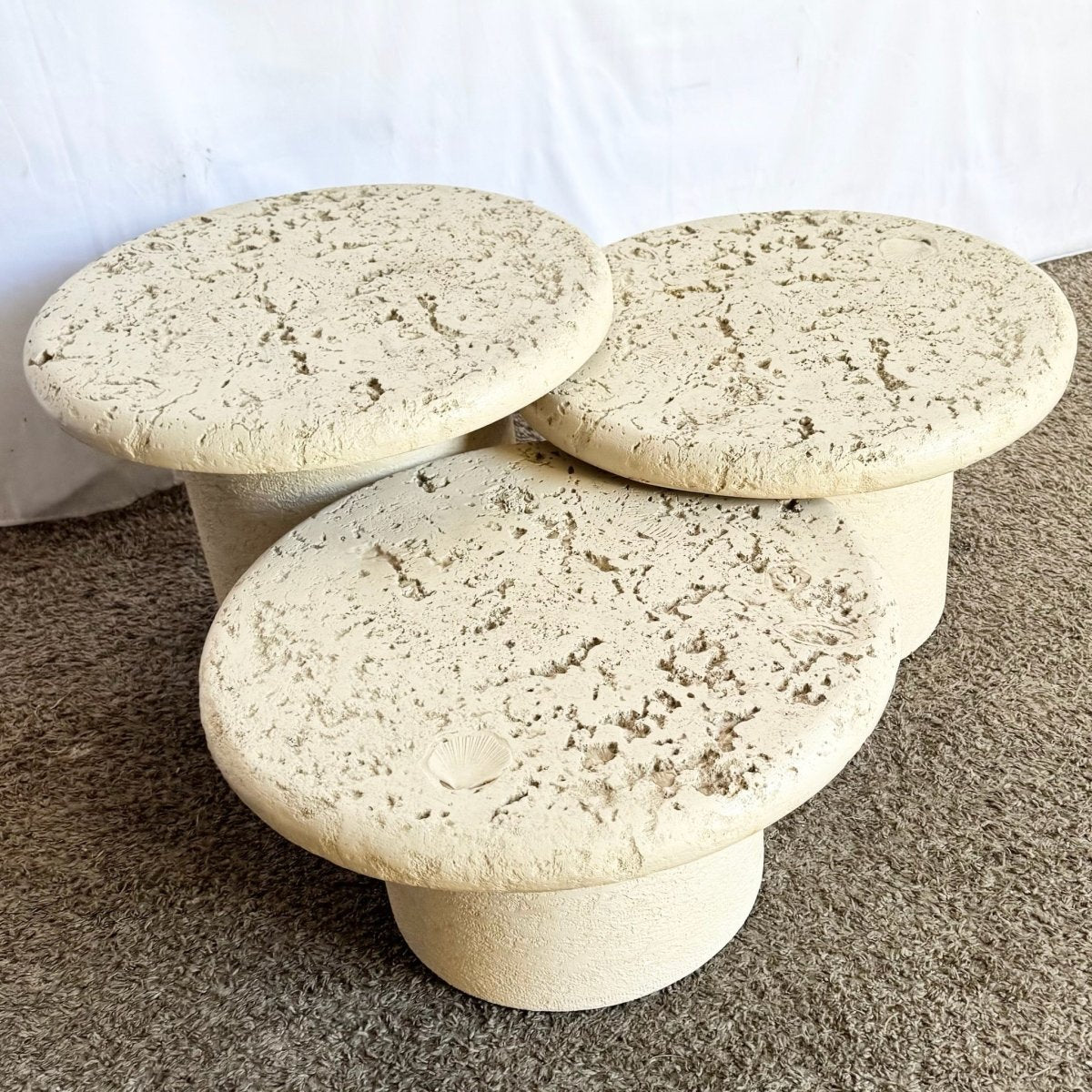 Vintage Postmodern Faux Coquina Nesting Tables - Set of 3 - Dolphin & Flamingo