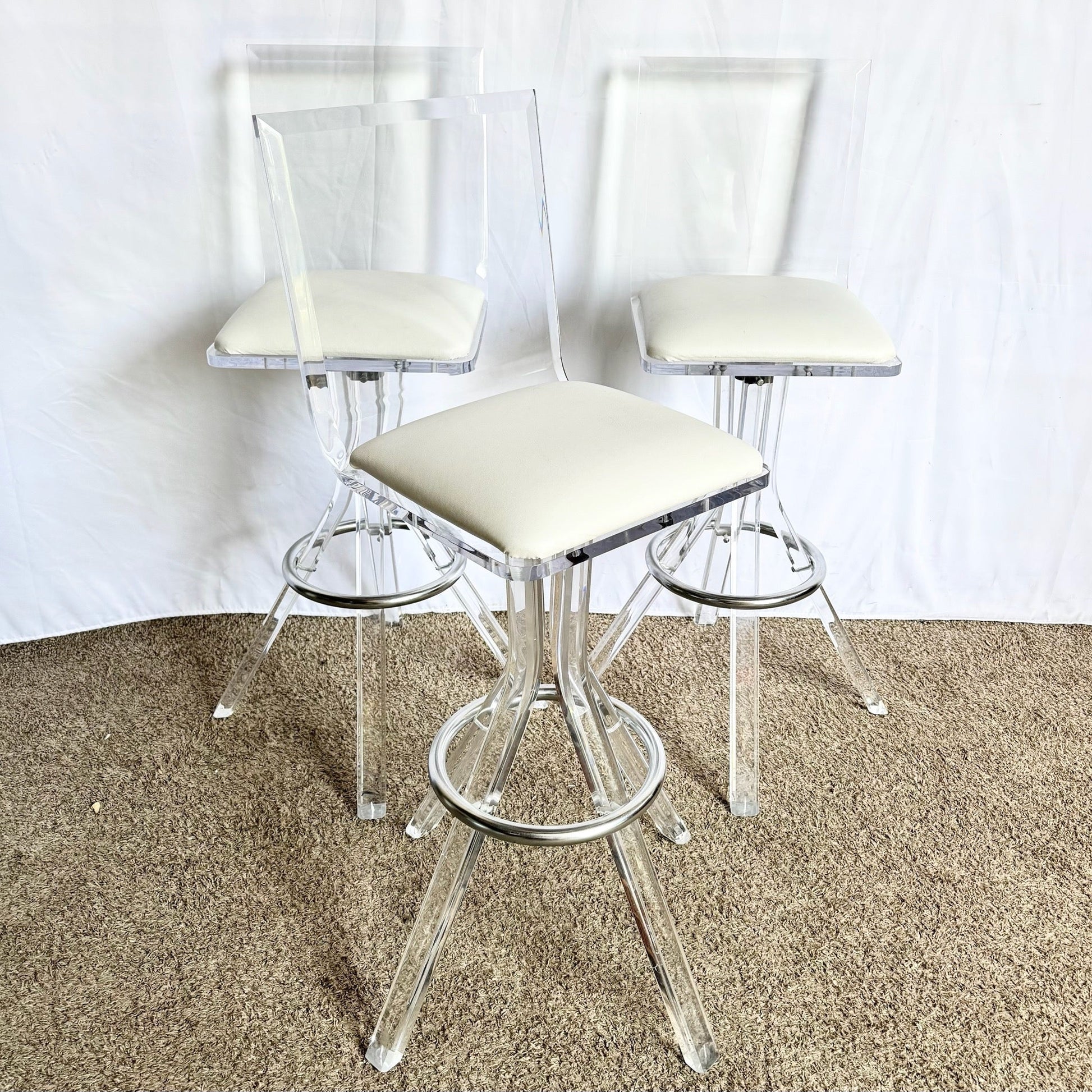 Vintage Postmodern Lucite and Chrome Stools - Set of 3 - Dolphin & Flamingo