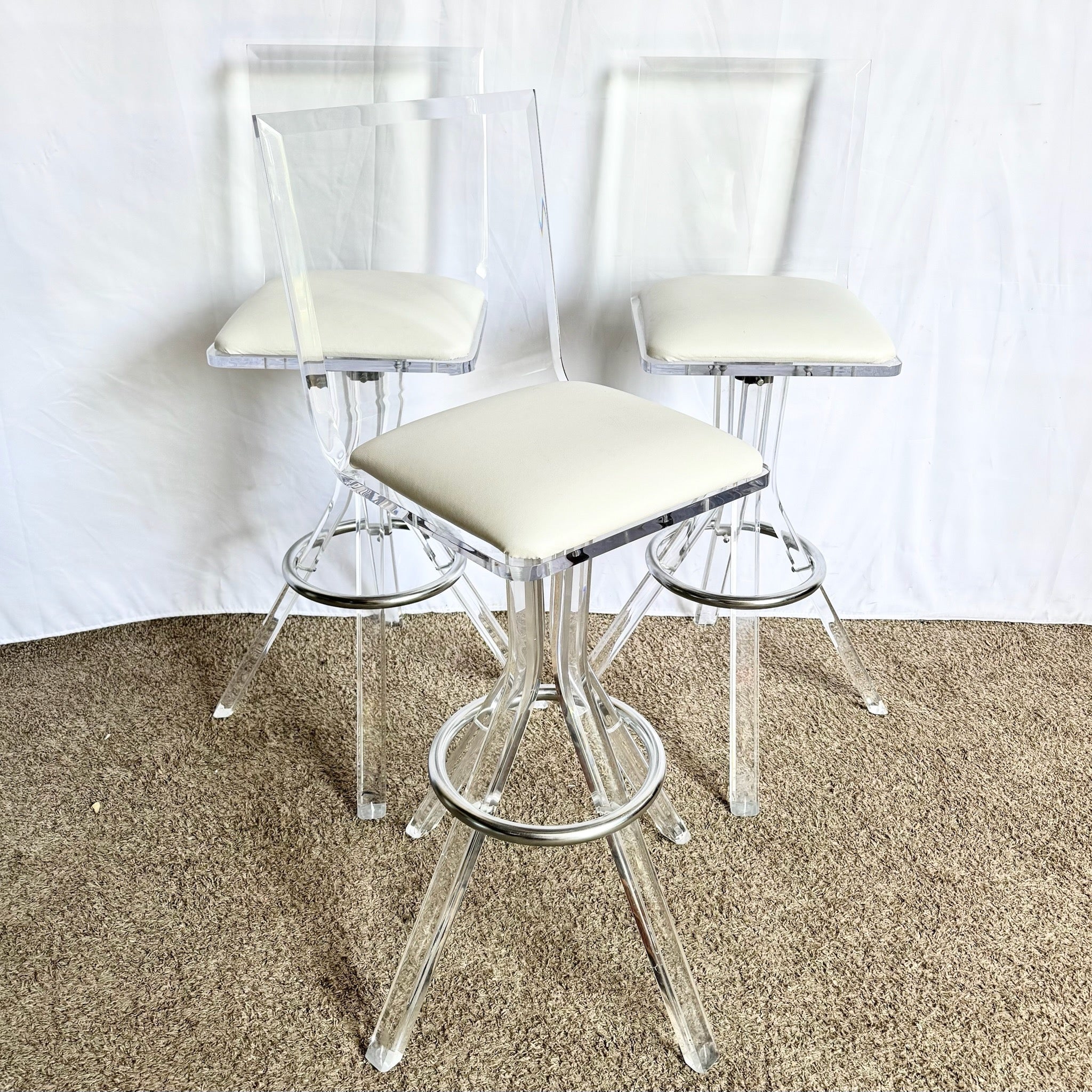 Vintage Postmodern Lucite and Chrome Stools - Set of 3 - Dolphin & Flamingo