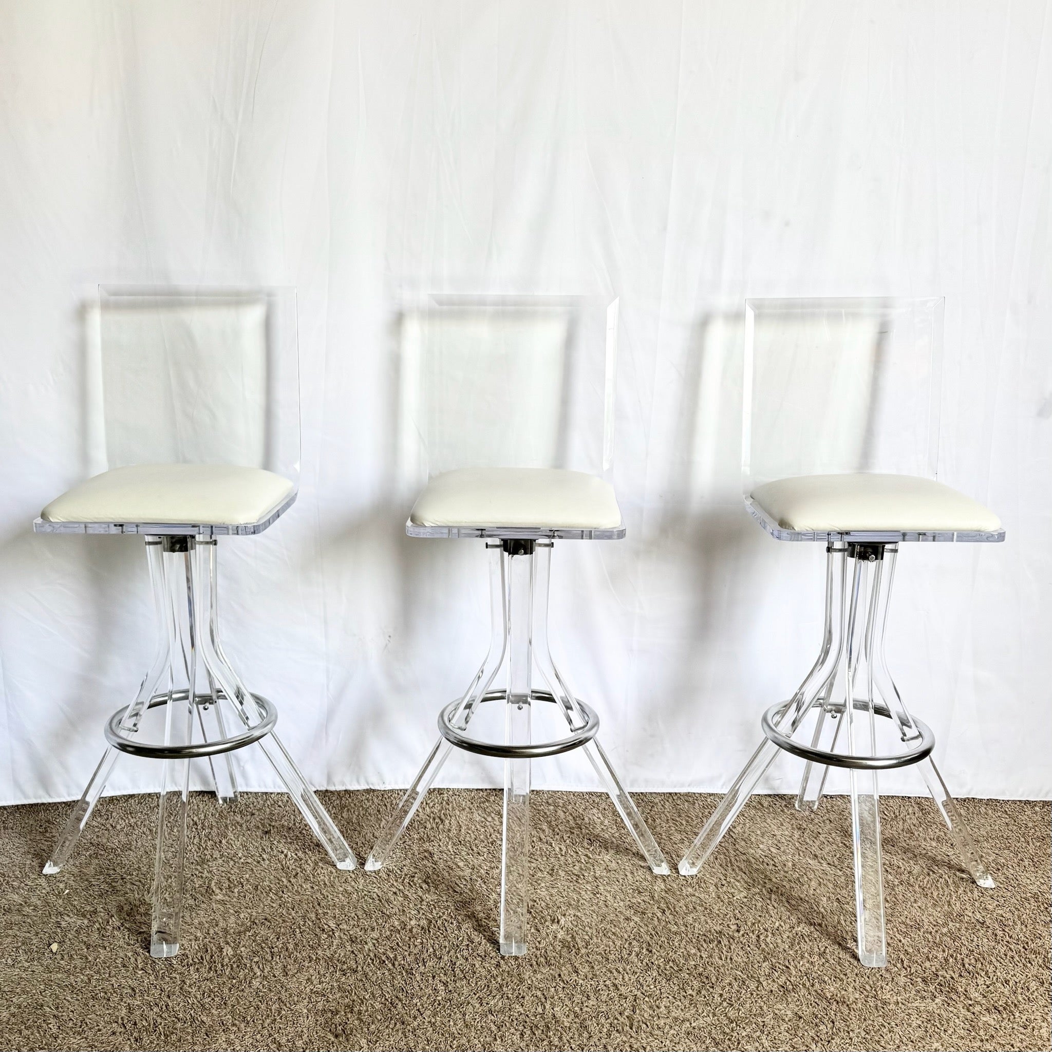 Vintage Postmodern Lucite and Chrome Stools - Set of 3 - Dolphin & Flamingo