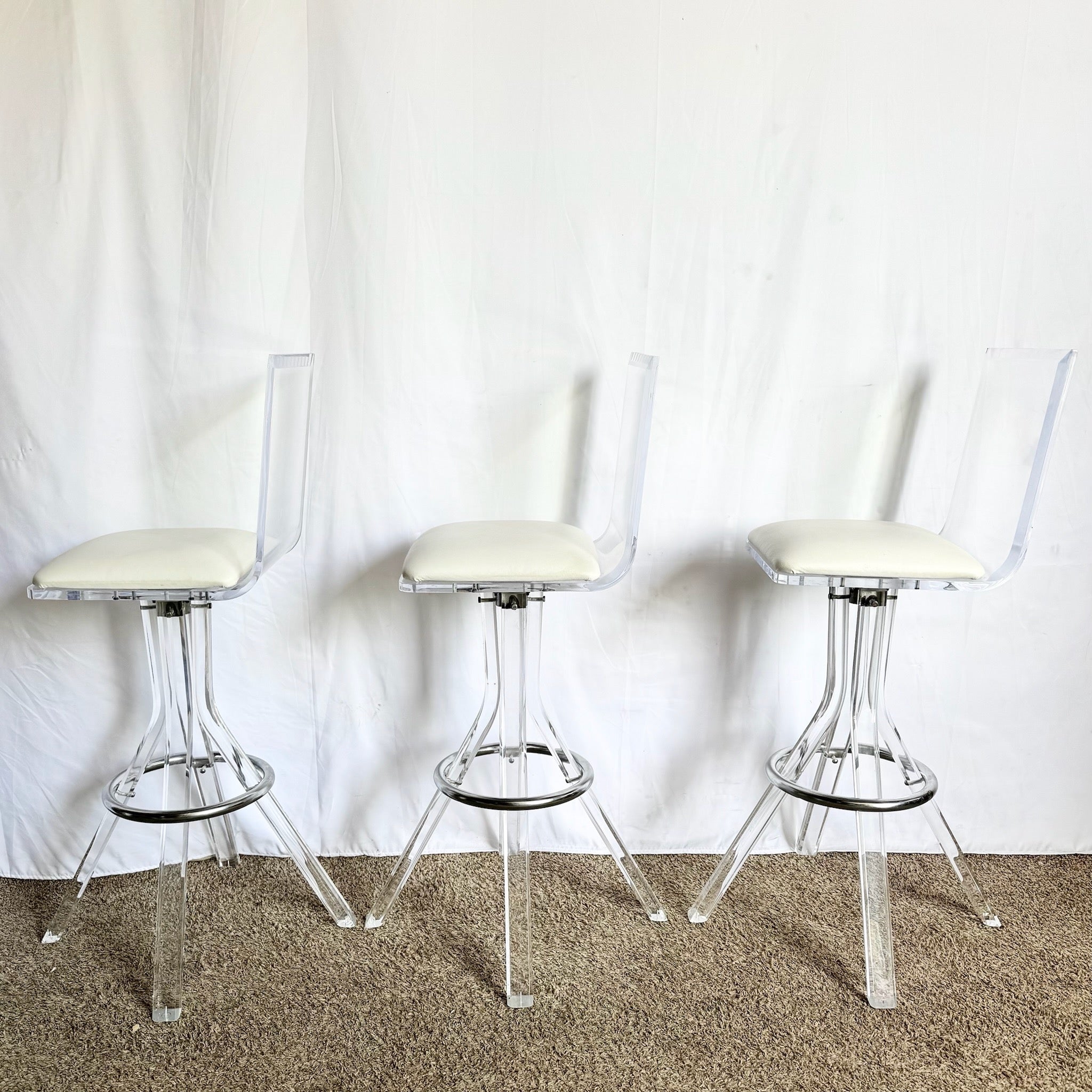 Vintage Postmodern Lucite and Chrome Stools - Set of 3 - Dolphin & Flamingo