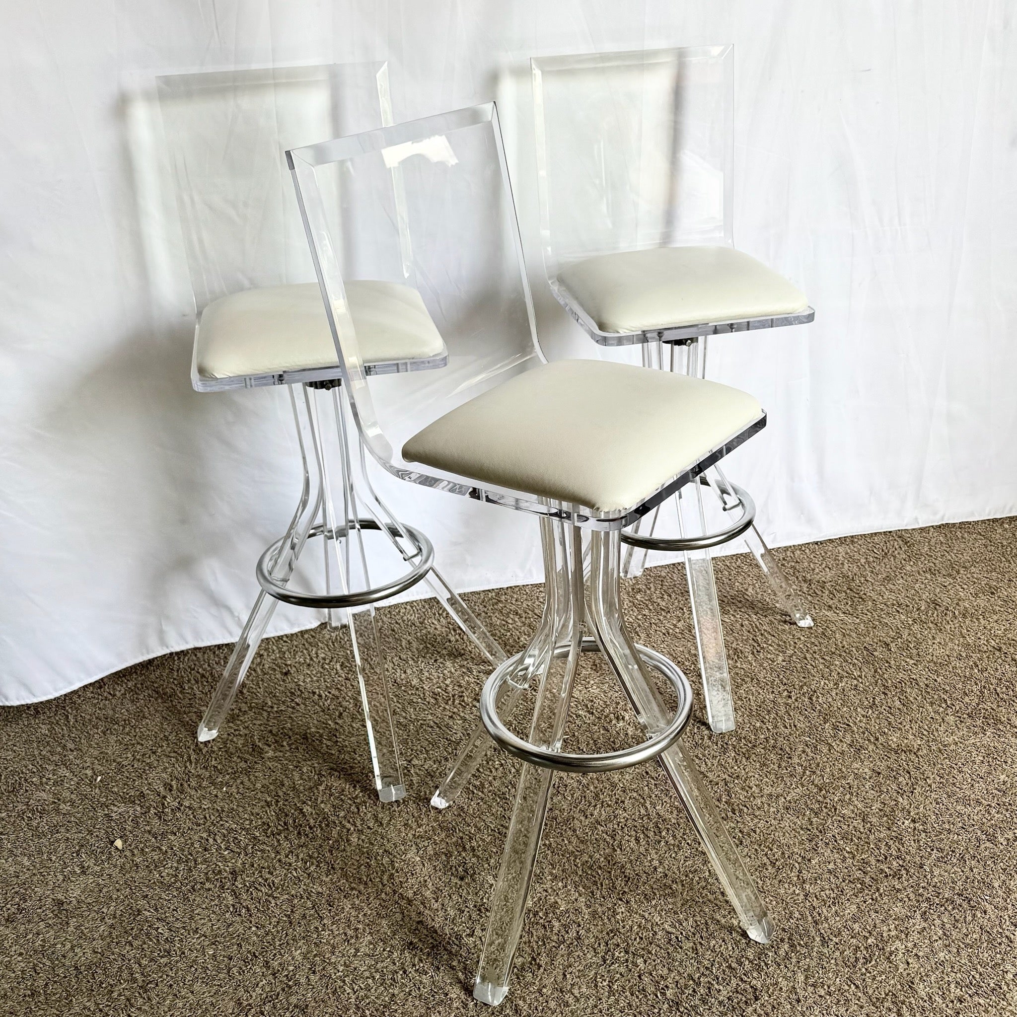 Vintage Postmodern Lucite and Chrome Stools - Set of 3 - Dolphin & Flamingo