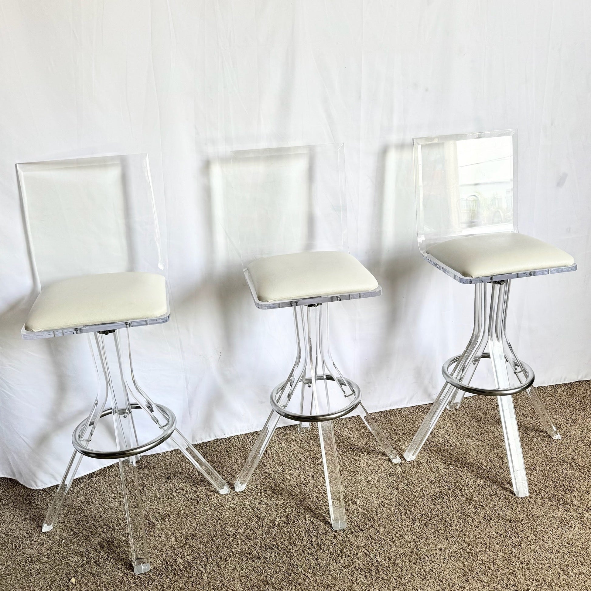 Vintage Postmodern Lucite and Chrome Stools - Set of 3 - Dolphin & Flamingo