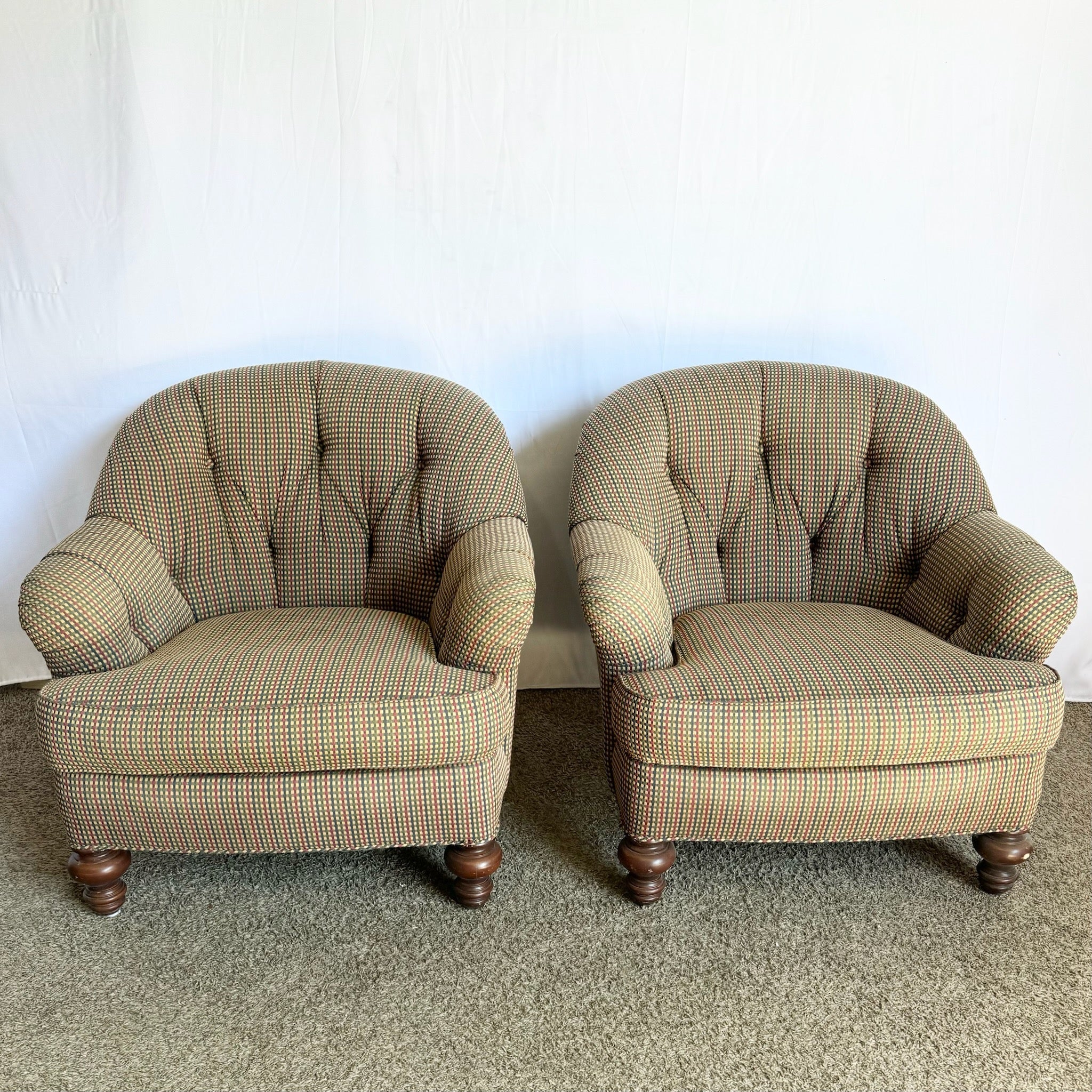 Vintage Regency Tufted Red Blue and Tan Lounge Chairs by Sherrill - A Pair - Dolphin & Flamingo