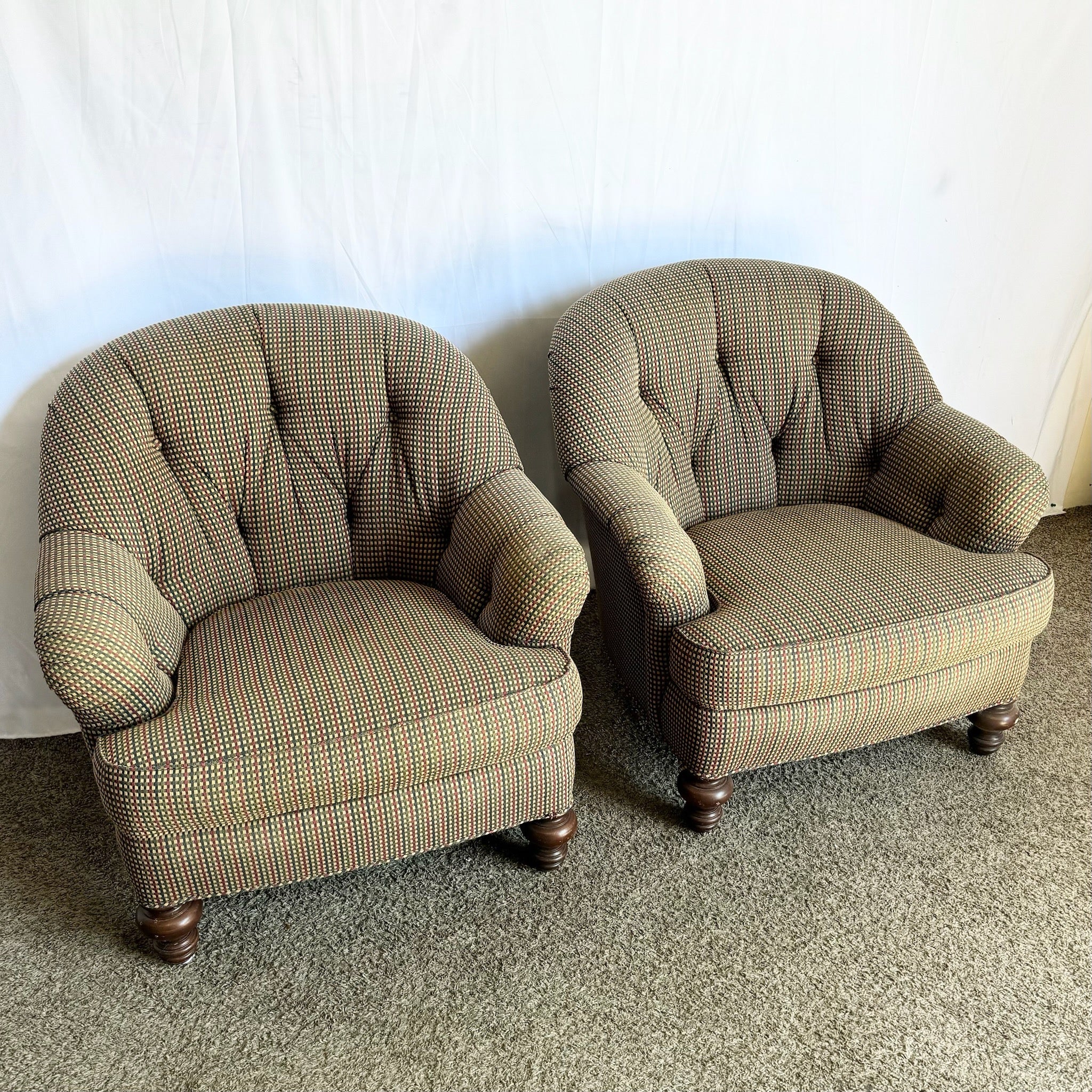 Vintage Regency Tufted Red Blue and Tan Lounge Chairs by Sherrill - A Pair - Dolphin & Flamingo
