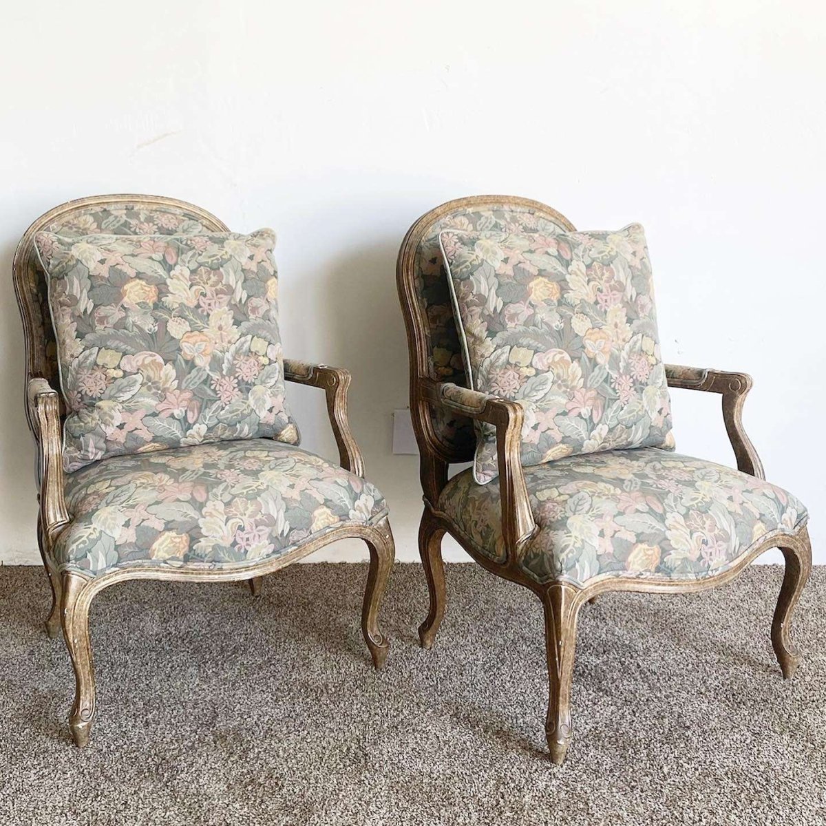 Vintage Regency Upholstered Arm Chairs - a Pair - Dolphin & Flamingo