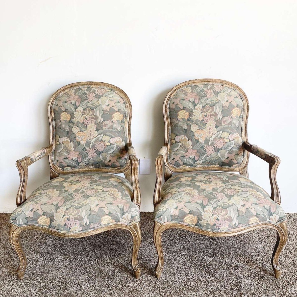 Vintage Regency Upholstered Arm Chairs - a Pair - Dolphin & Flamingo