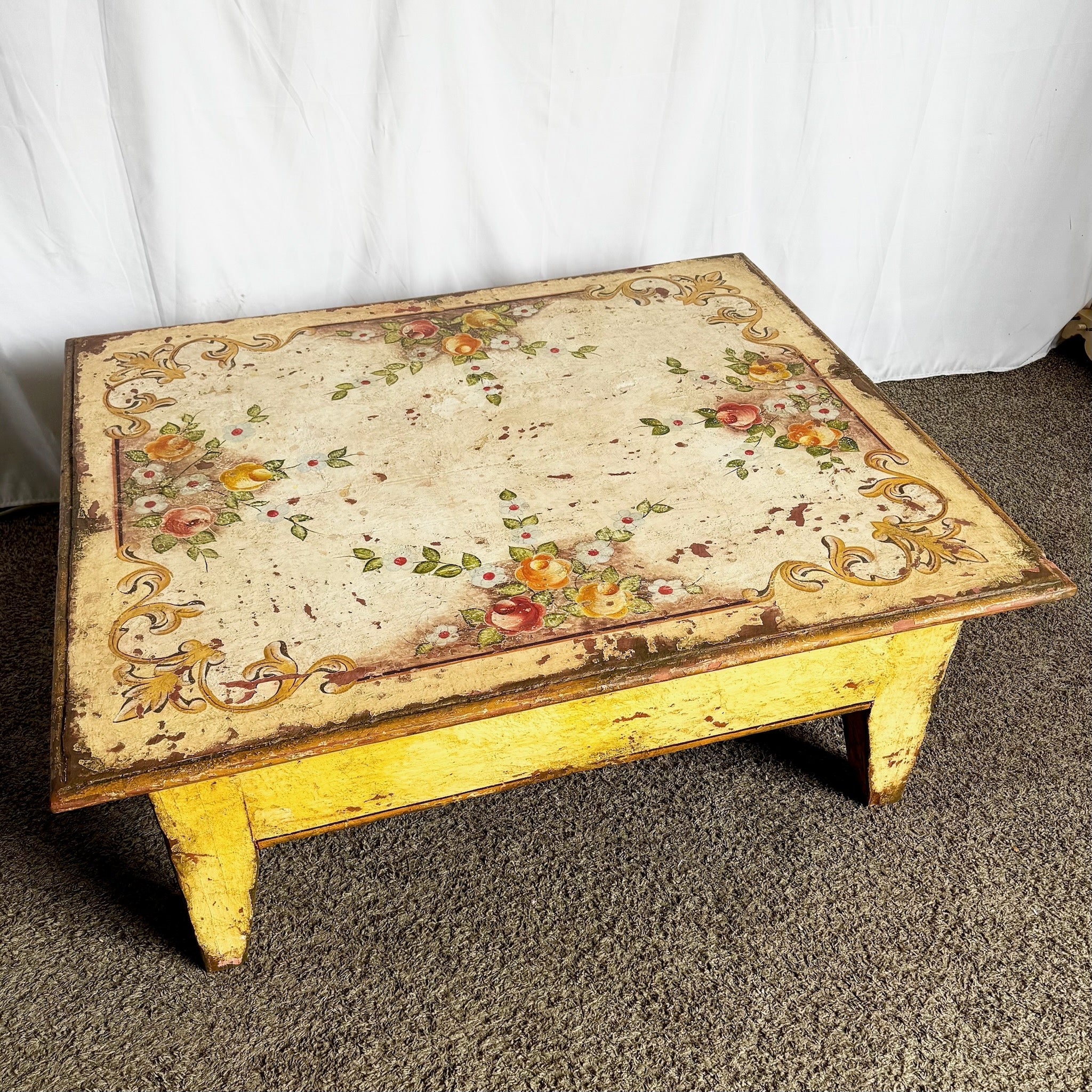 Vintage Rustic Brazilian Painted Coffee Table by Velha Bahia - Dolphin & Flamingo