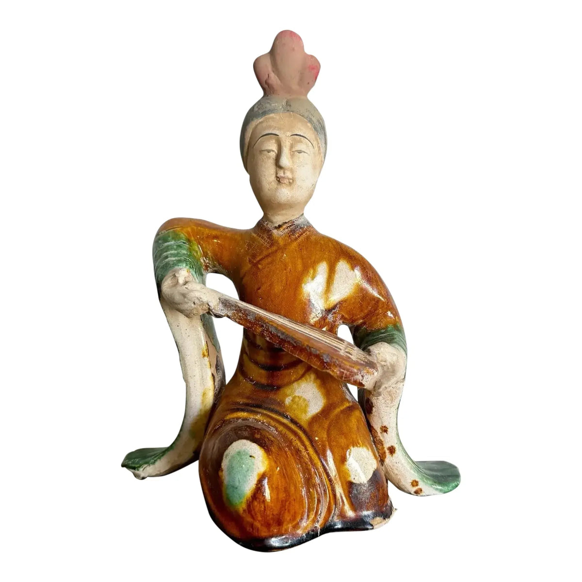 Vintage Tang Sancai Glazed Pottery Figure of a Court Lady Musician - Dolphin & Flamingo