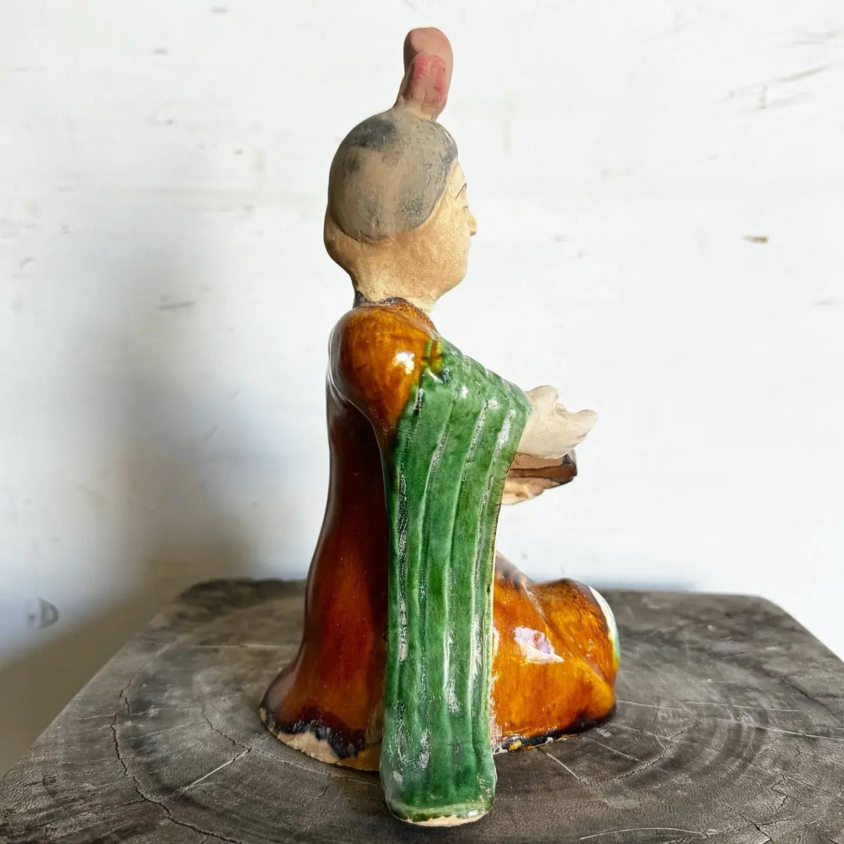 Vintage Tang Sancai Glazed Pottery Figure of a Court Lady Musician - Dolphin & Flamingo