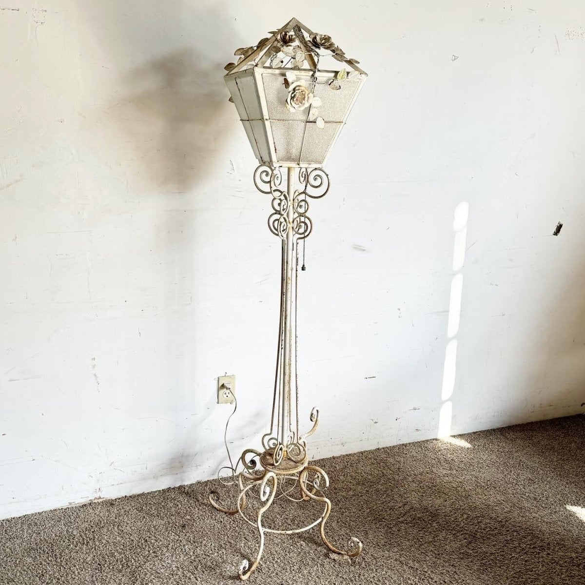 Vintage Wrought Iron Painted White Floor Lamp - Dolphin & Flamingo