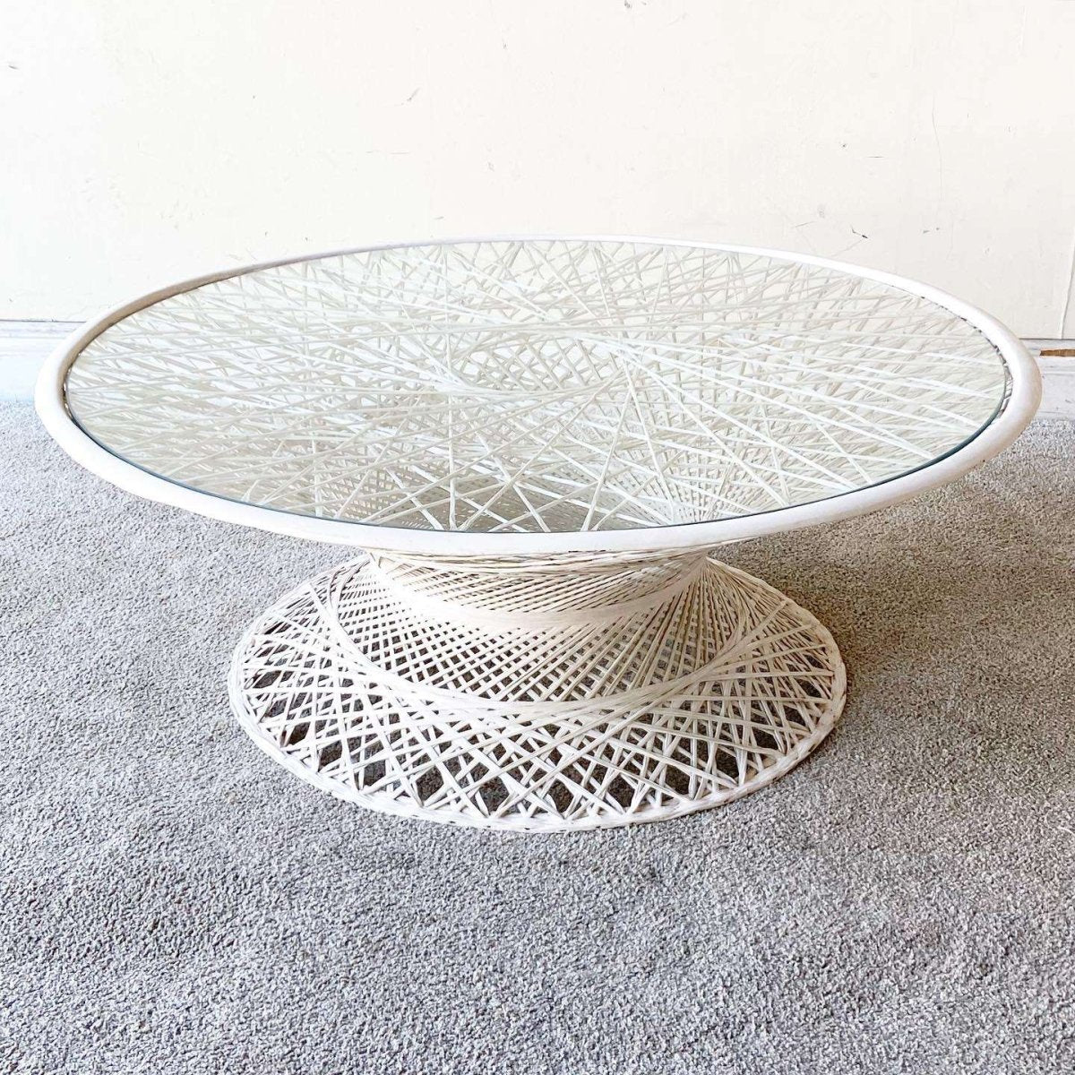 White Spun Fiberglass Glass Top Circular Coffee Table - Dolphin & Flamingo