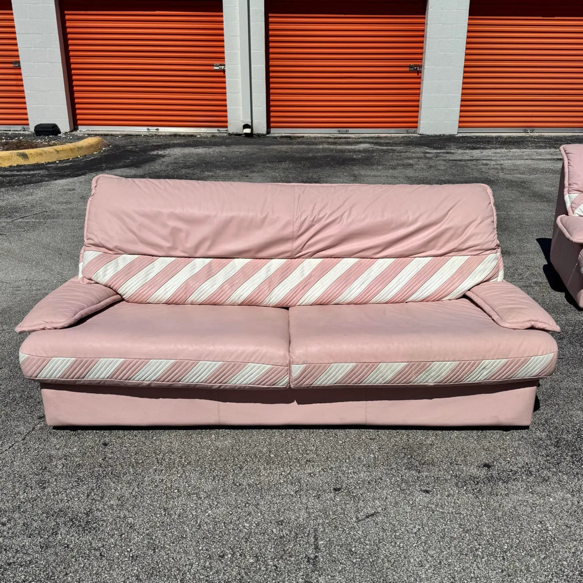 1980s Pink Candy Cane Pink and White Faux Leather Sofa Set - 3 Pieces - Dolphin & Flamingo