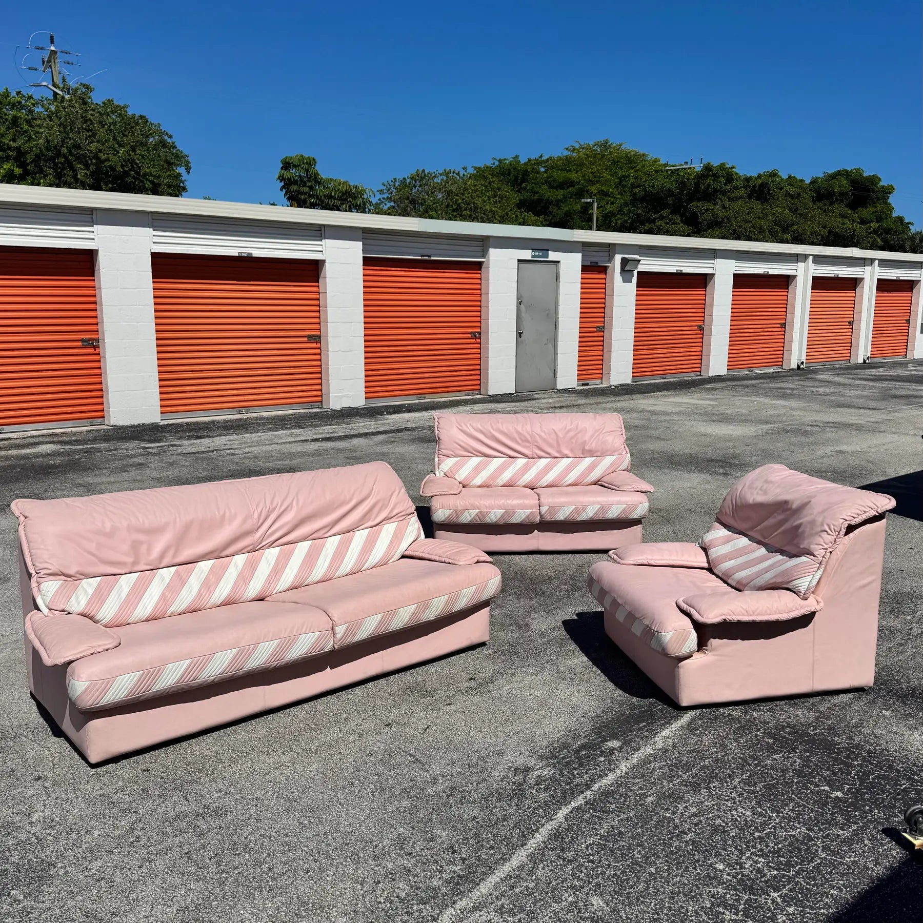 1980s Pink Candy Cane Pink and White Faux Leather Sofa Set - 3 Pieces