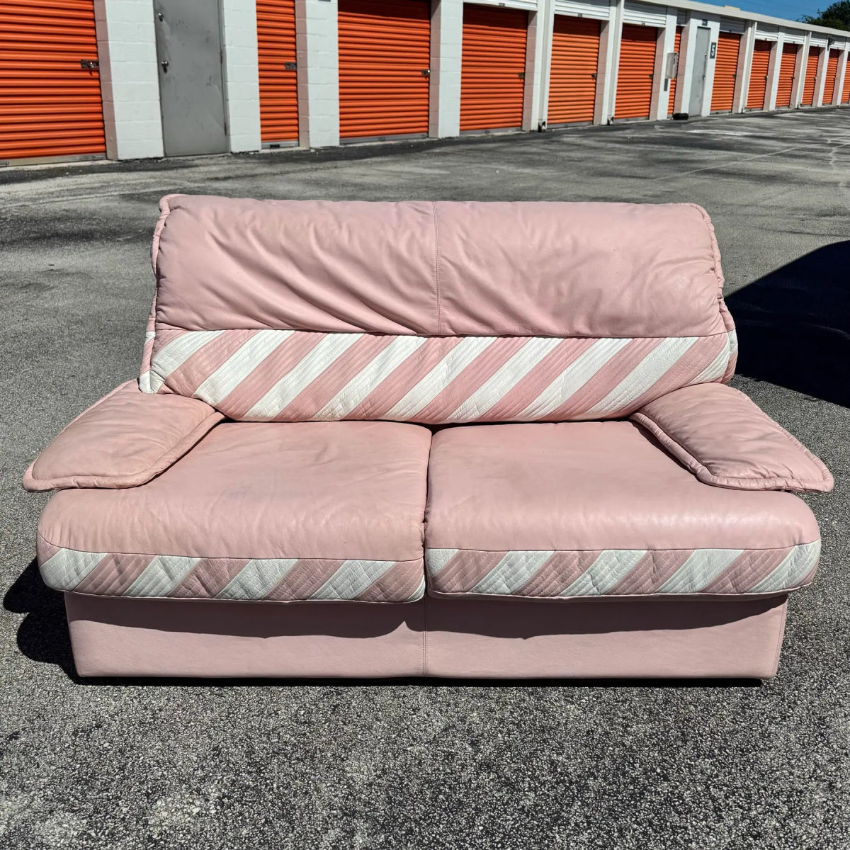 1980s Pink Candy Cane Pink and White Faux Leather Sofa Set - 3 Pieces - Dolphin & Flamingo