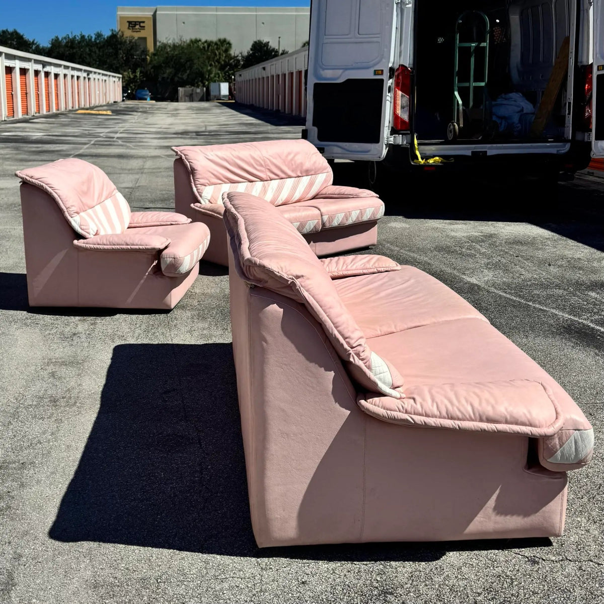1980s Pink Candy Cane Pink and White Faux Leather Sofa Set - 3 Pieces - Dolphin & Flamingo