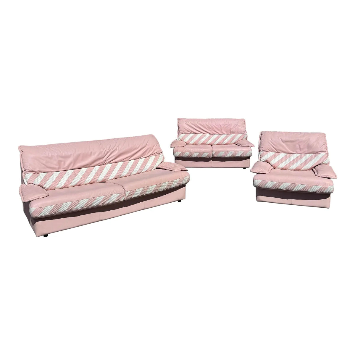 1980s Pink Candy Cane Pink and White Faux Leather Sofa Set - 3 Pieces - Dolphin & Flamingo