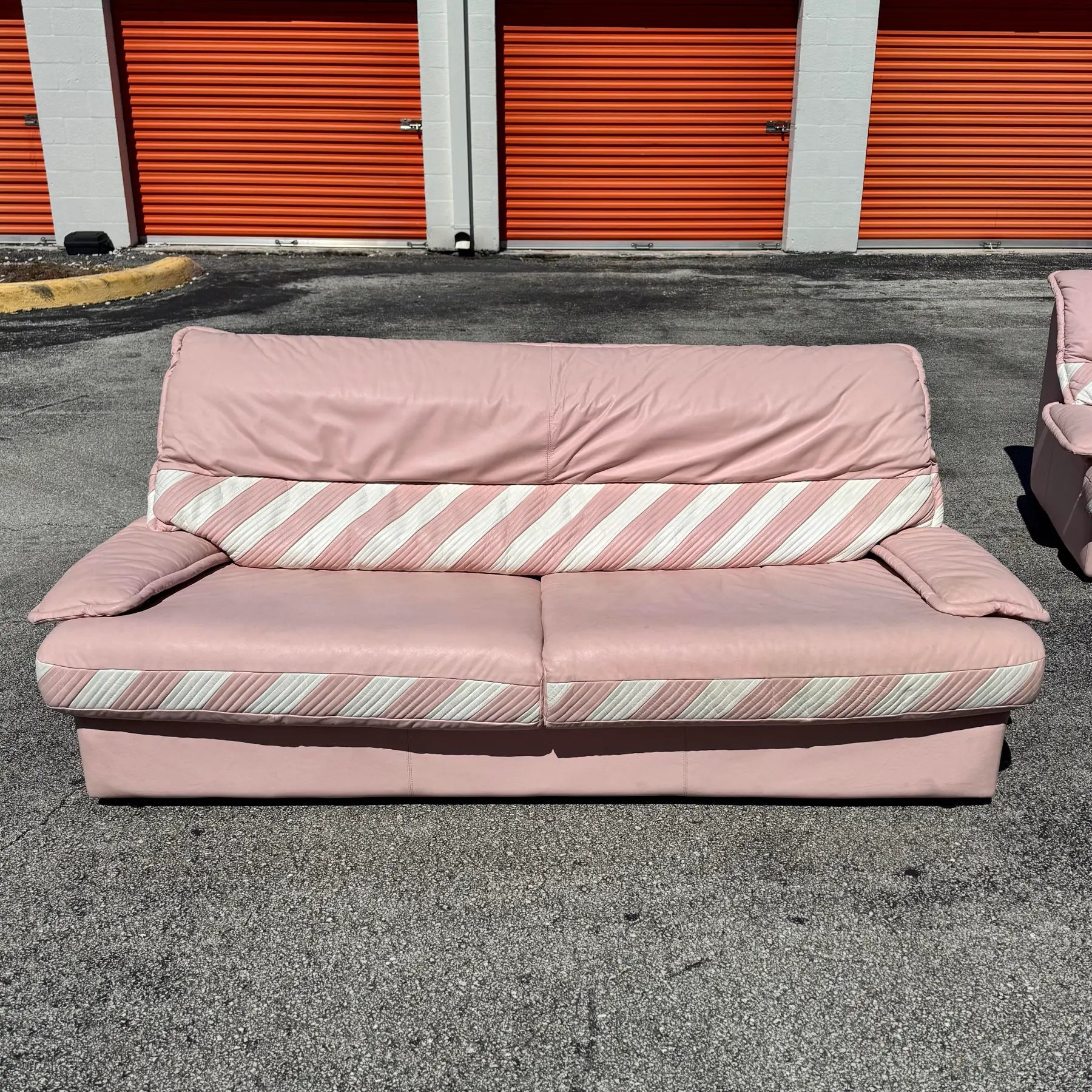1980s Pink Candy Cane Pink and White Faux Leather Sofa Set - 3 Pieces
