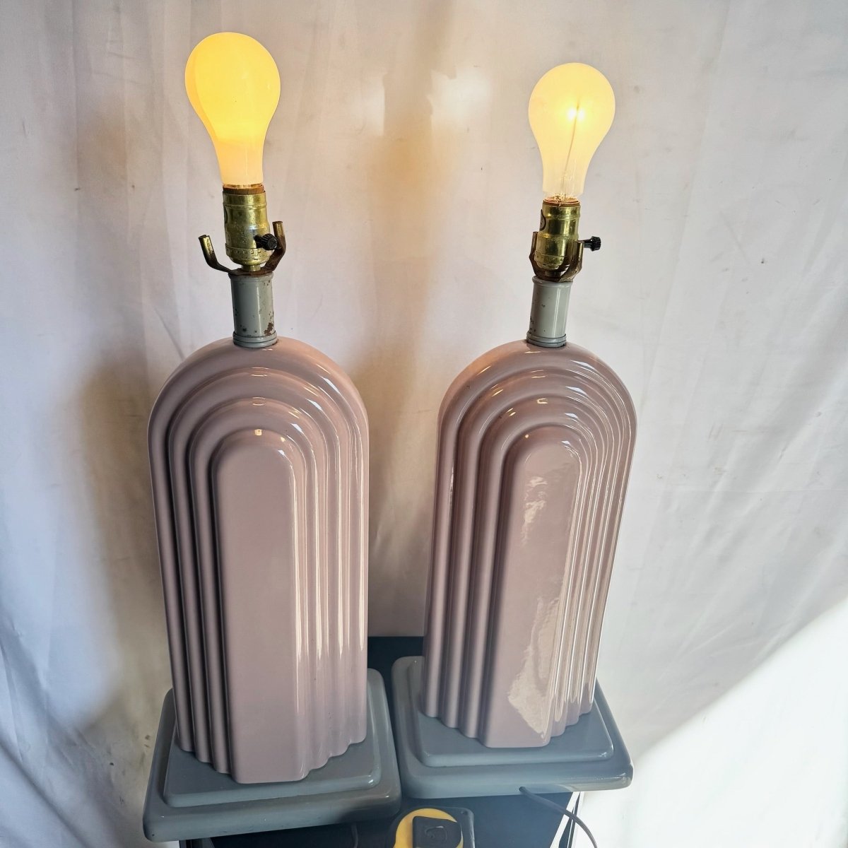 1980s Vintage Art Deco Draped Pink Ceramic Table Lamps - A Pair - Dolphin & Flamingo