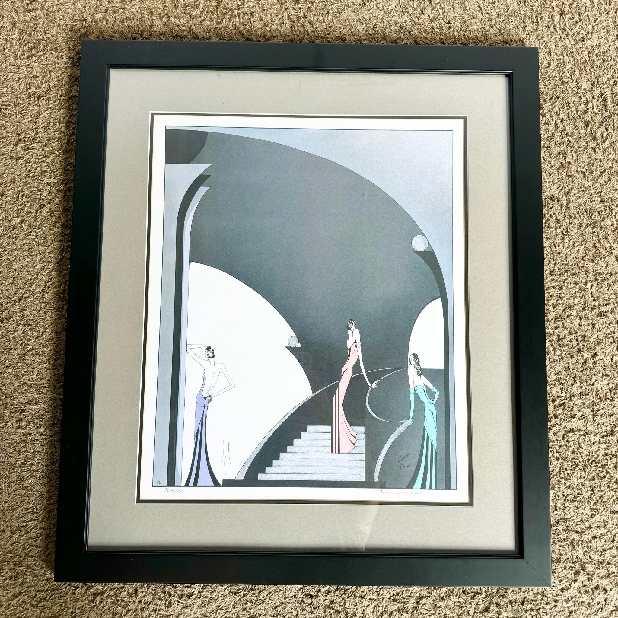 Art Deco Signed Lithograph by Noel Suarez – Dolphin & Flamingo