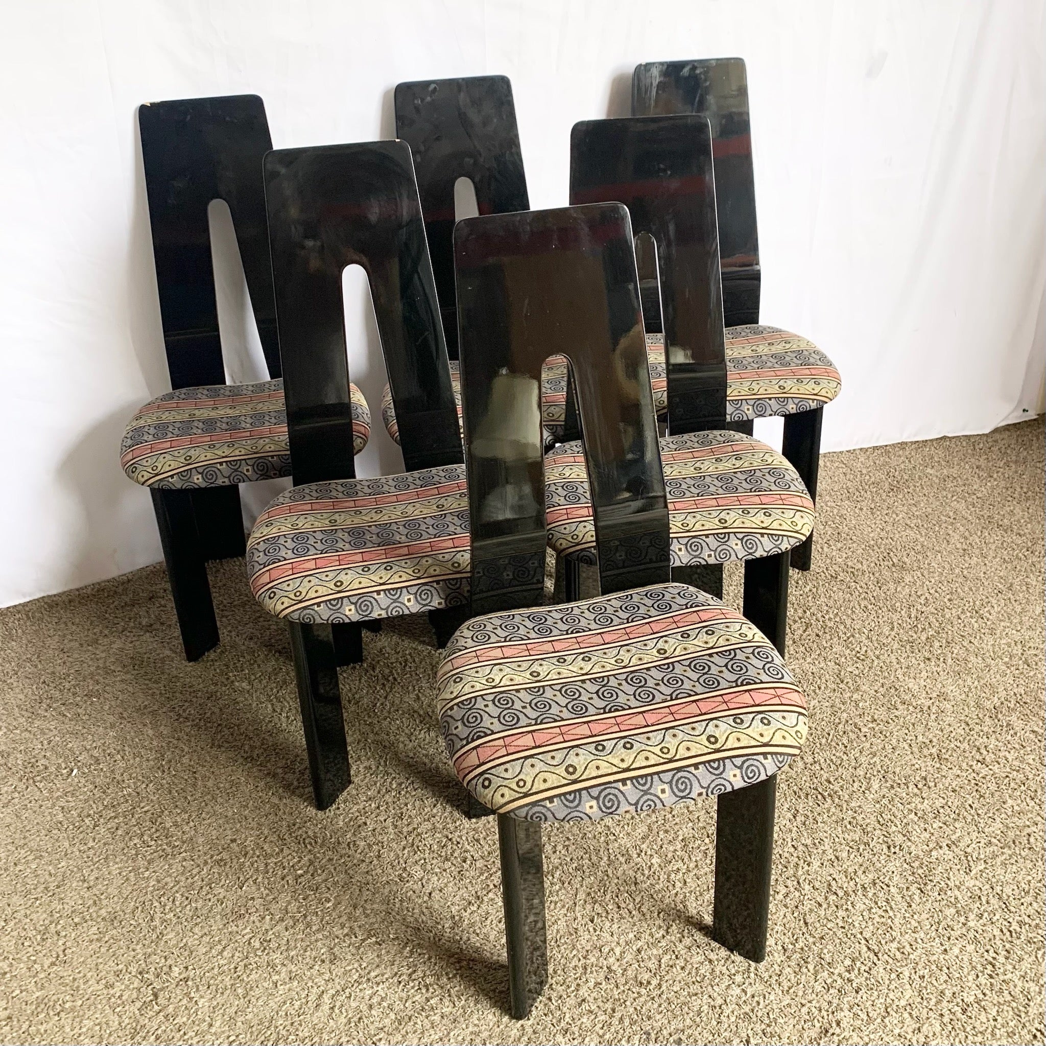Postmodern Black Lacquered Sculpted Dining Chairs - Set of 6