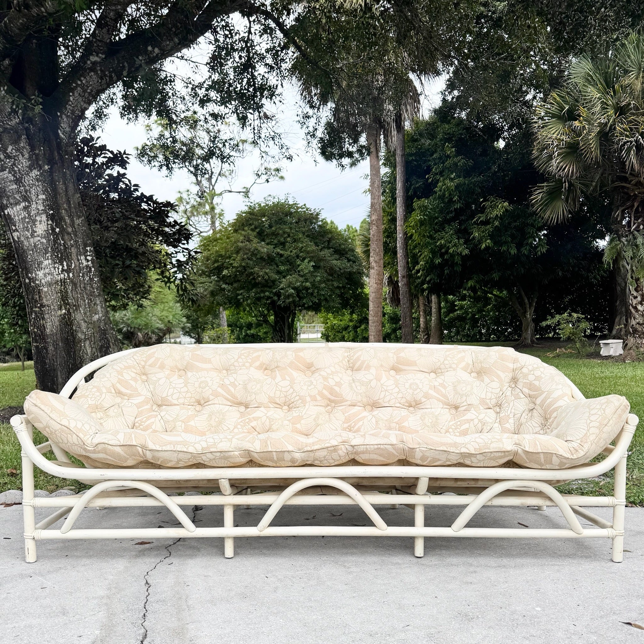 Vintage Coastal Clark Casual Bent Rattan Tufted Sofa