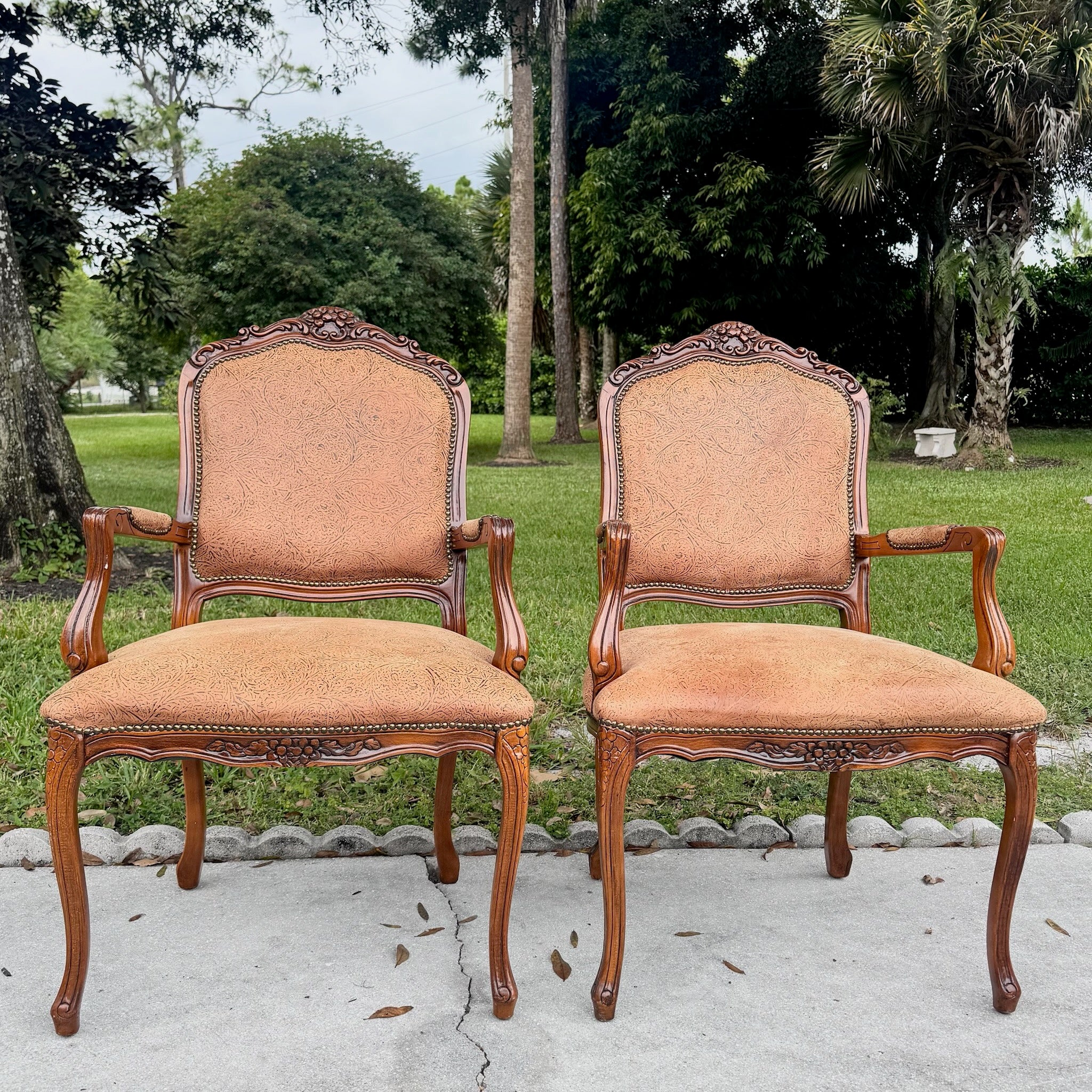 French Provincial Brown With Nailed Vinyl Occasional Chairs - A Pair