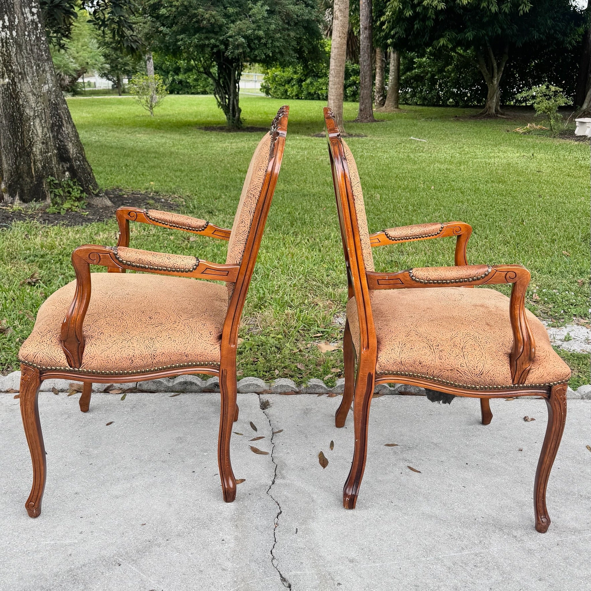 French Provincial Brown With Nailed Vinyl Occasional Chairs - A Pair
