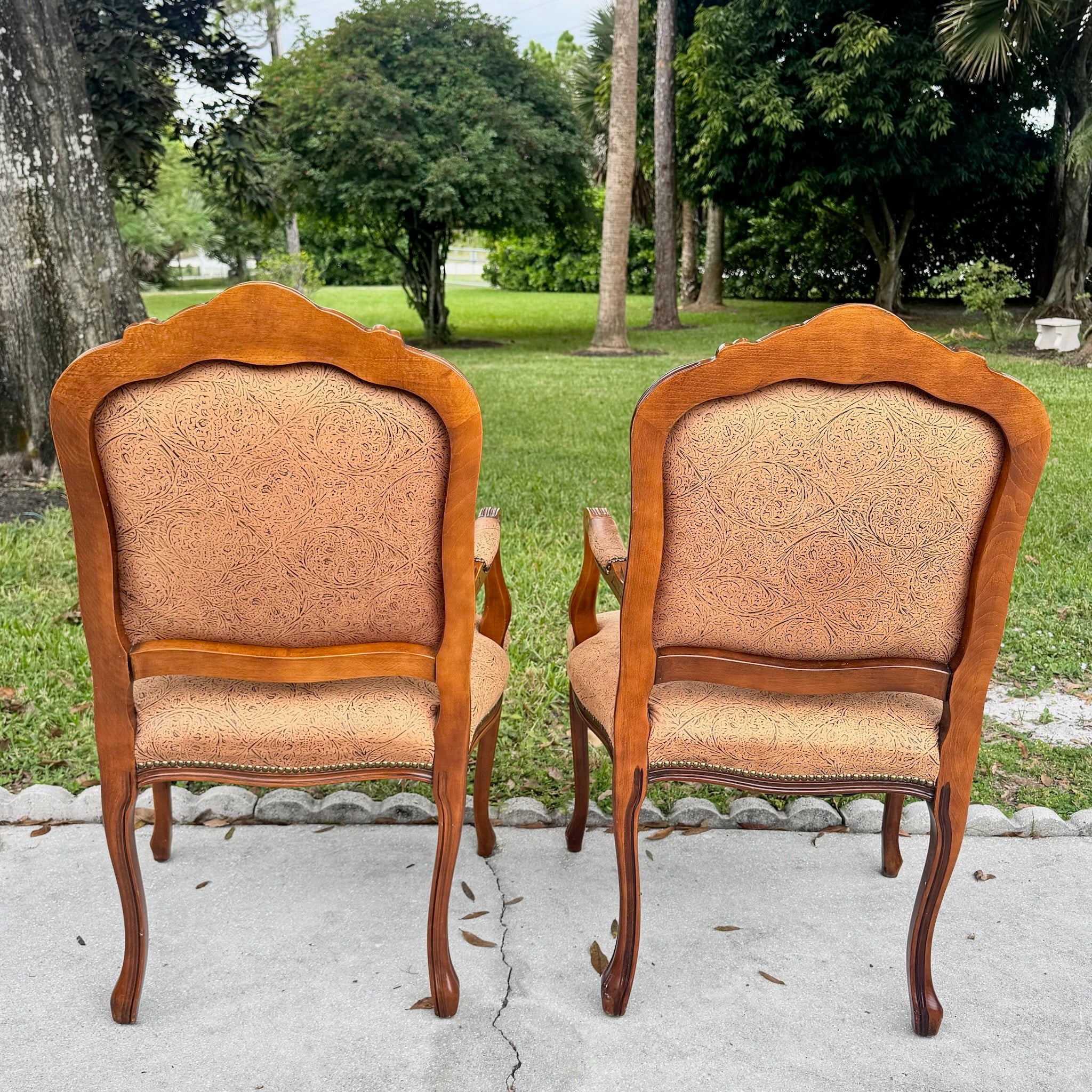 French Provincial Brown With Nailed Vinyl Occasional Chairs - A Pair