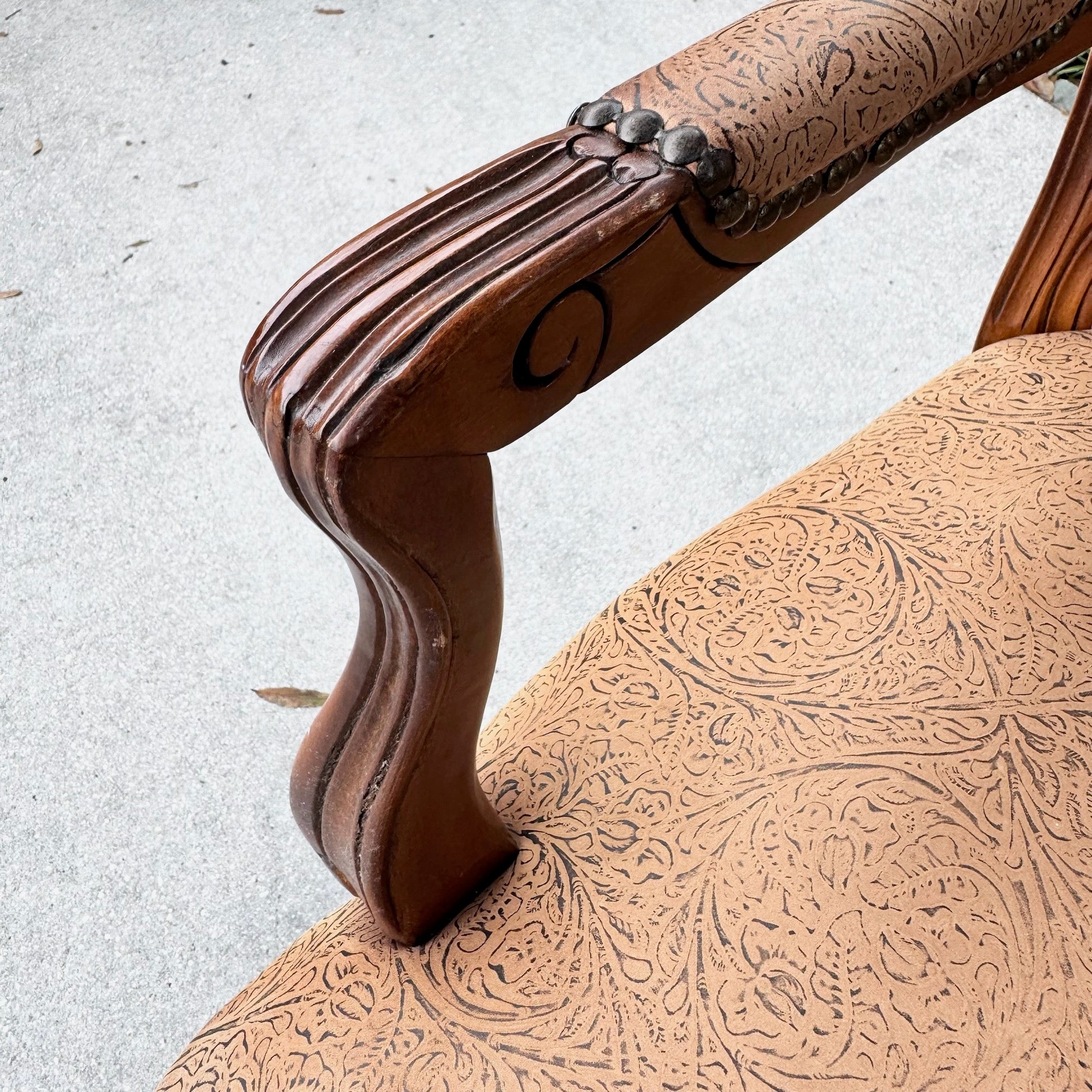 French Provincial Brown With Nailed Vinyl Occasional Chairs - A Pair