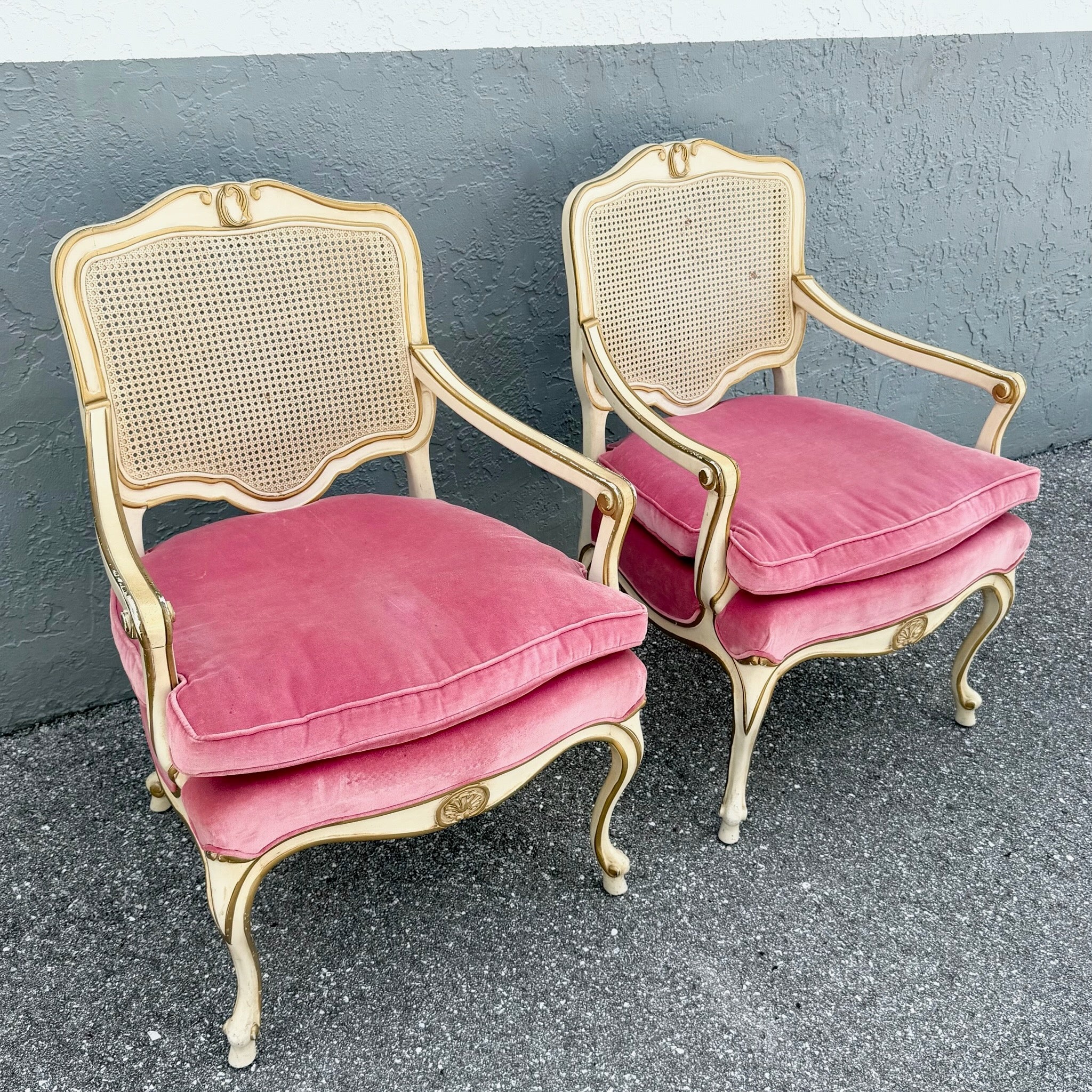 Vintage French Provincial Pink Velvet and Cain Back Chairs - A Pair Dolphin & Flamingo
