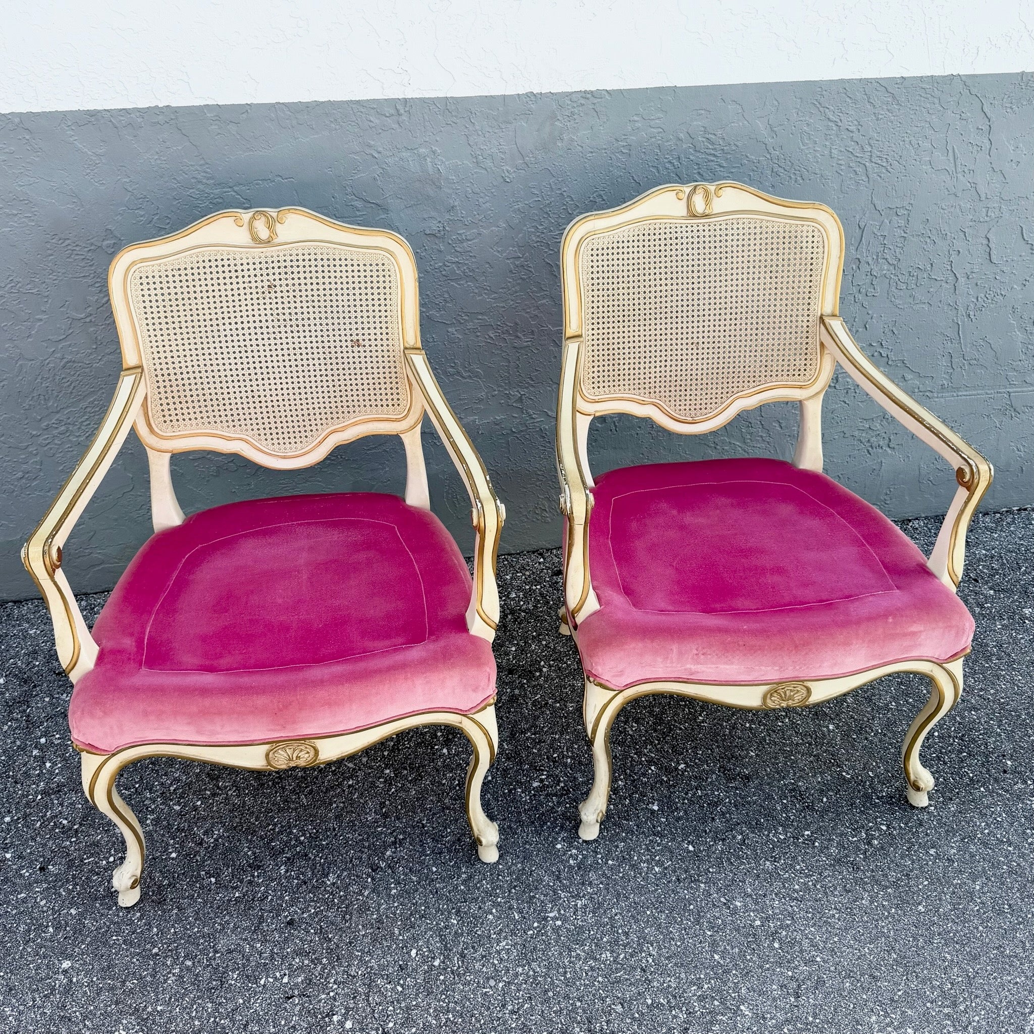 Vintage French Provincial Pink Velvet and Cain Back Chairs - A Pair Dolphin & Flamingo