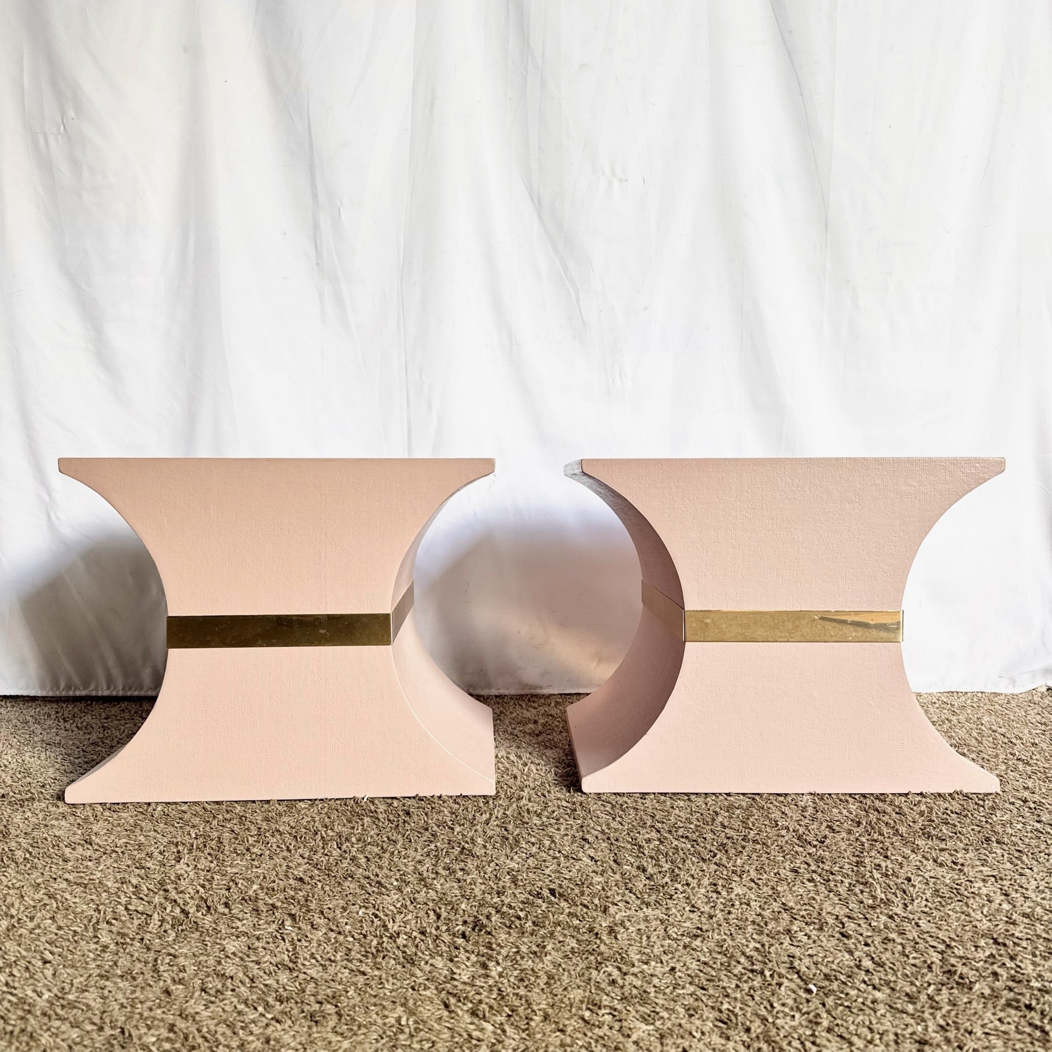 Postmodern Pink and Gold Grass Cloth Side Tables - A Pair