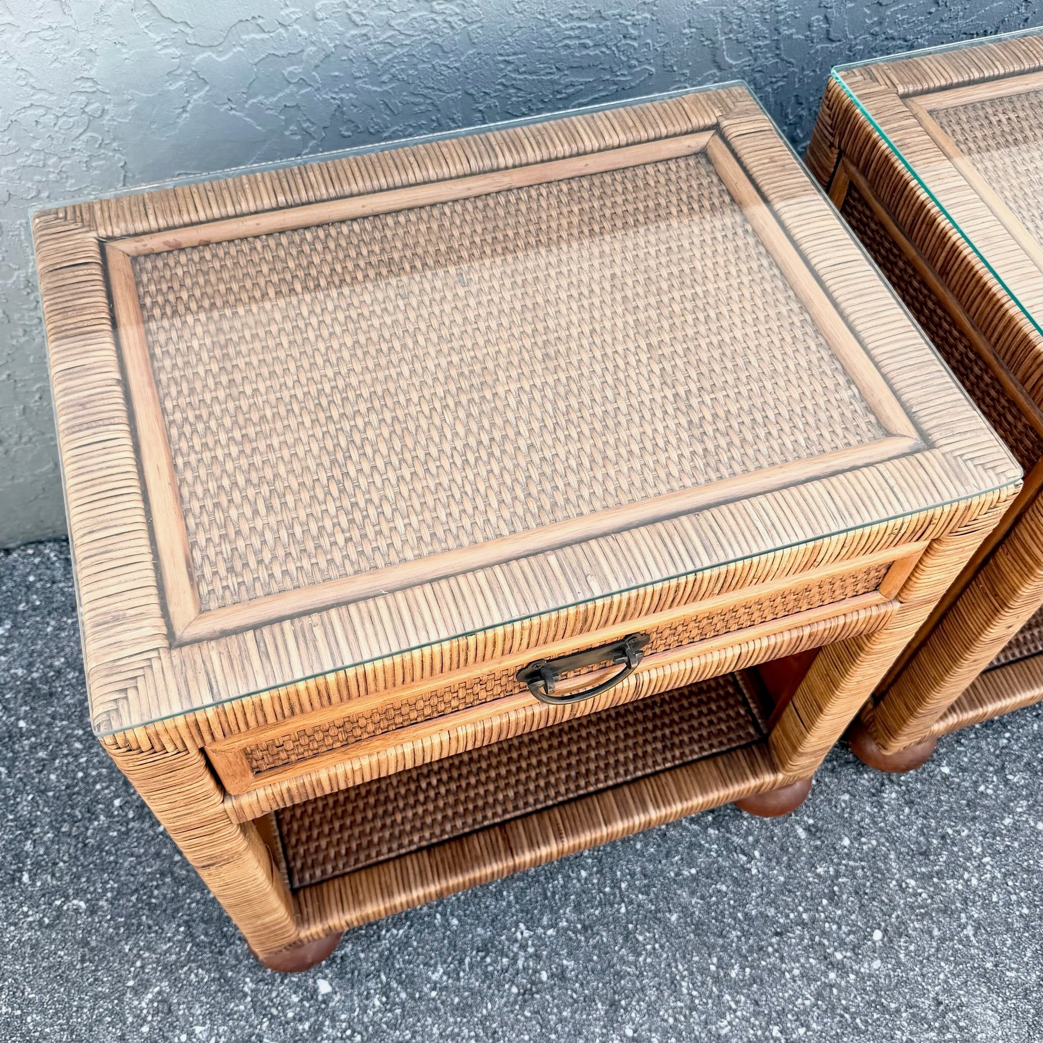 Boho Chic Wicker Glass Top Nightstands - A Pair Dolphin & Flamingo