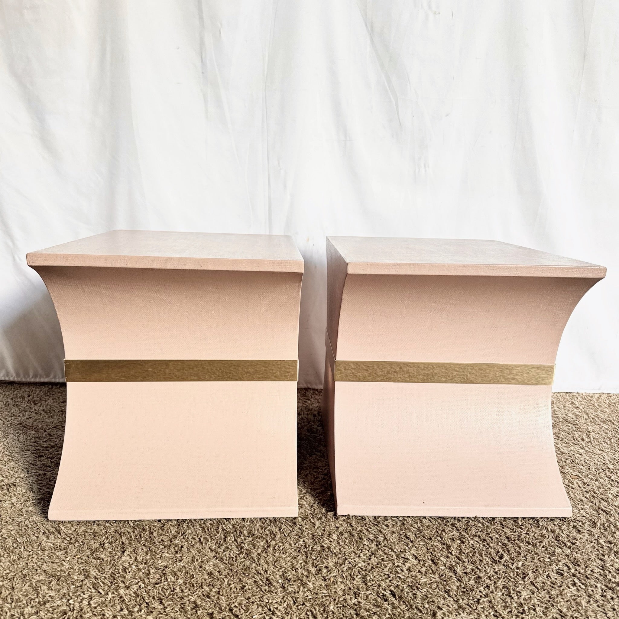 Postmodern Pink and Gold Grass Cloth Side Tables - A Pair