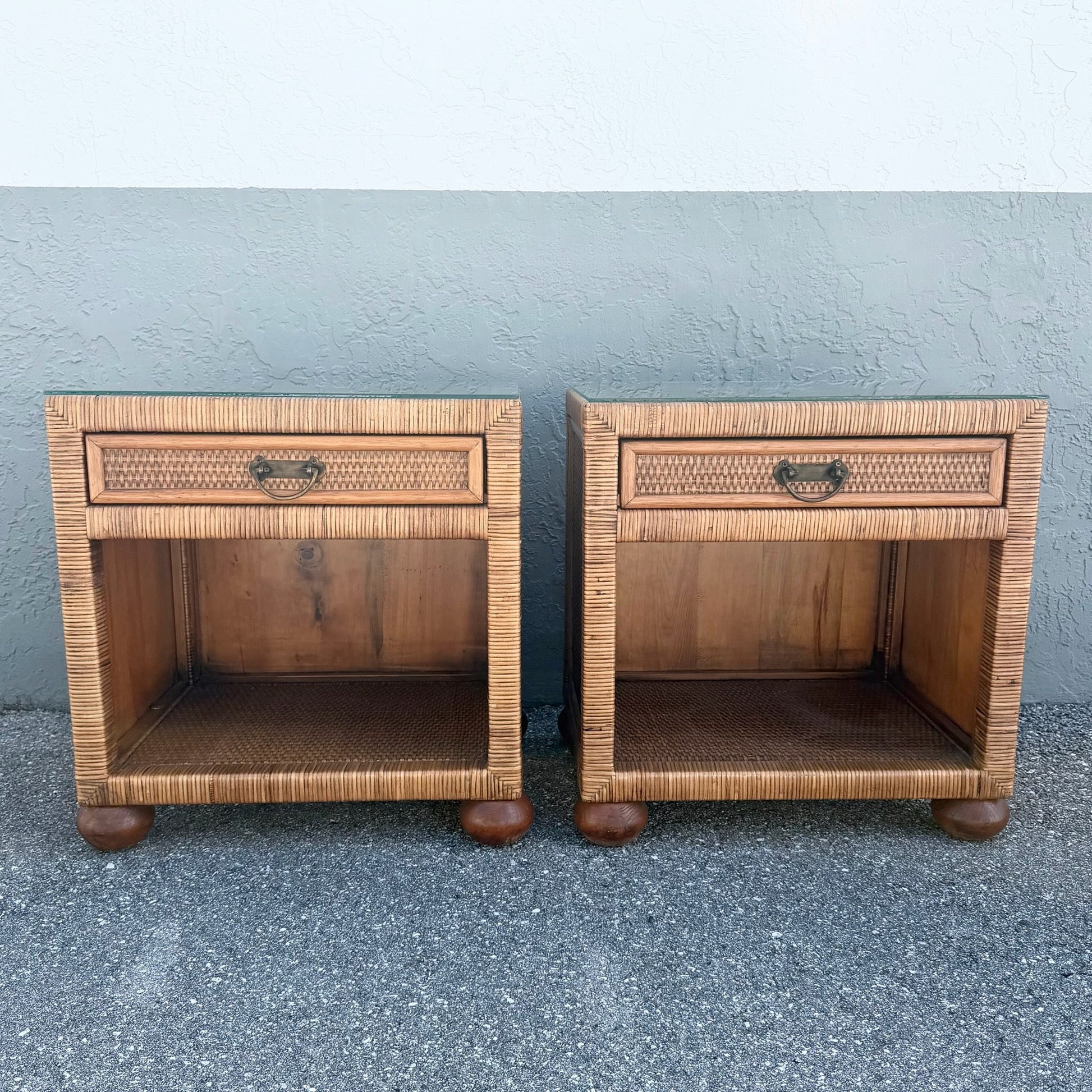 Boho Chic Wicker Glass Top Nightstands - A Pair Dolphin & Flamingo