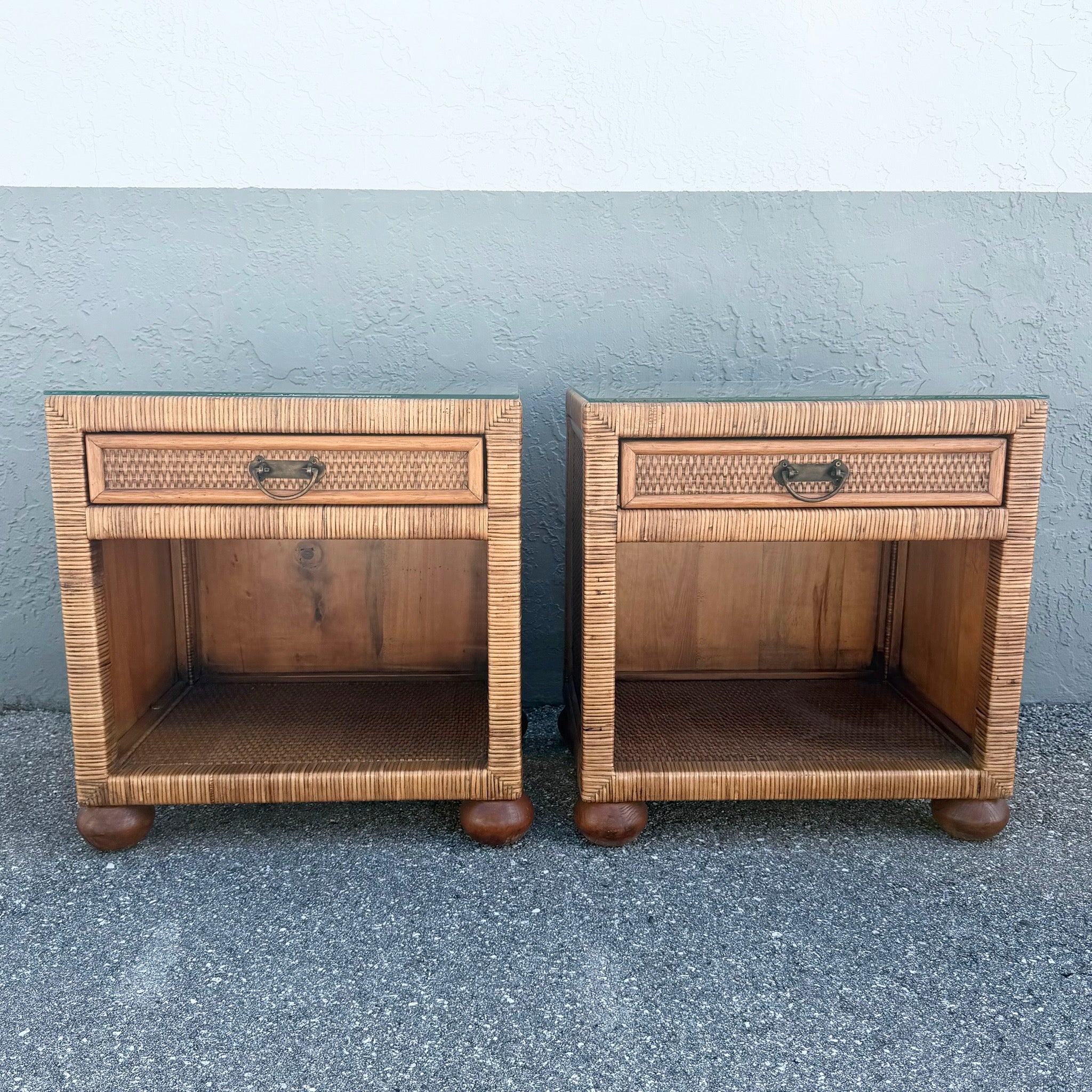 Boho Chic Wicker Glass Top Nightstands - A Pair Dolphin & Flamingo