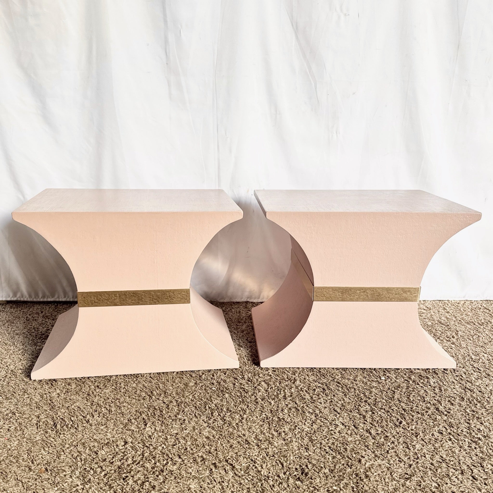 Postmodern Pink and Gold Grass Cloth Side Tables - A Pair